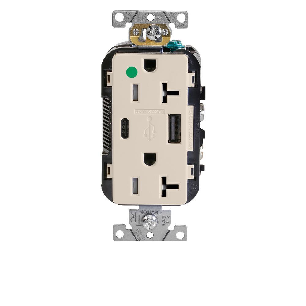 Leviton® Decora® Plus T5833-HGT Combination Heavy Duty Self-Grounding Smooth Face Tamper-Resistant Duplex Receptacle and USB Charger, 125 V AC, 20 A, 2 Poles, 3 Wires, Light Almond