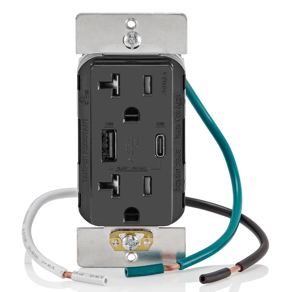 Leviton® T5834-E T5834 Tamper-Resistant Duplex Receptacle, Electrical Ratings: 125 V, 20 A, 2 Poles, 3 Wires, Black
