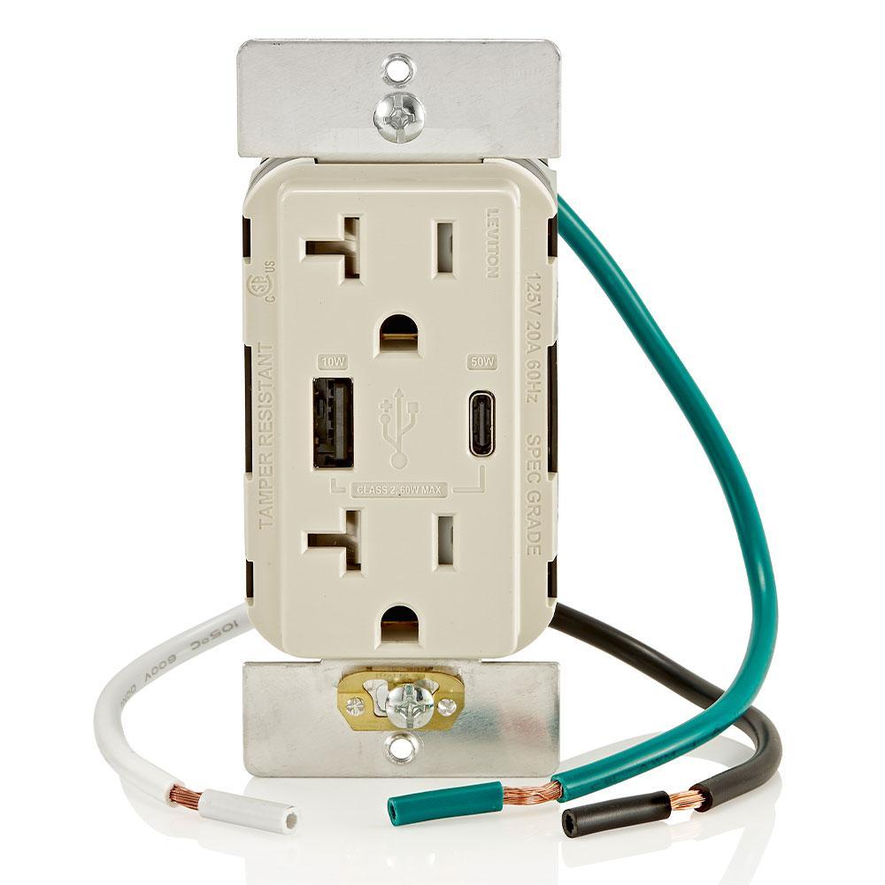 Leviton® T5834-T T5834 Tamper-Resistant Duplex Receptacle, Electrical Ratings: 125 V, 20 A, 2 Poles, 3 Wires, Light Almond
