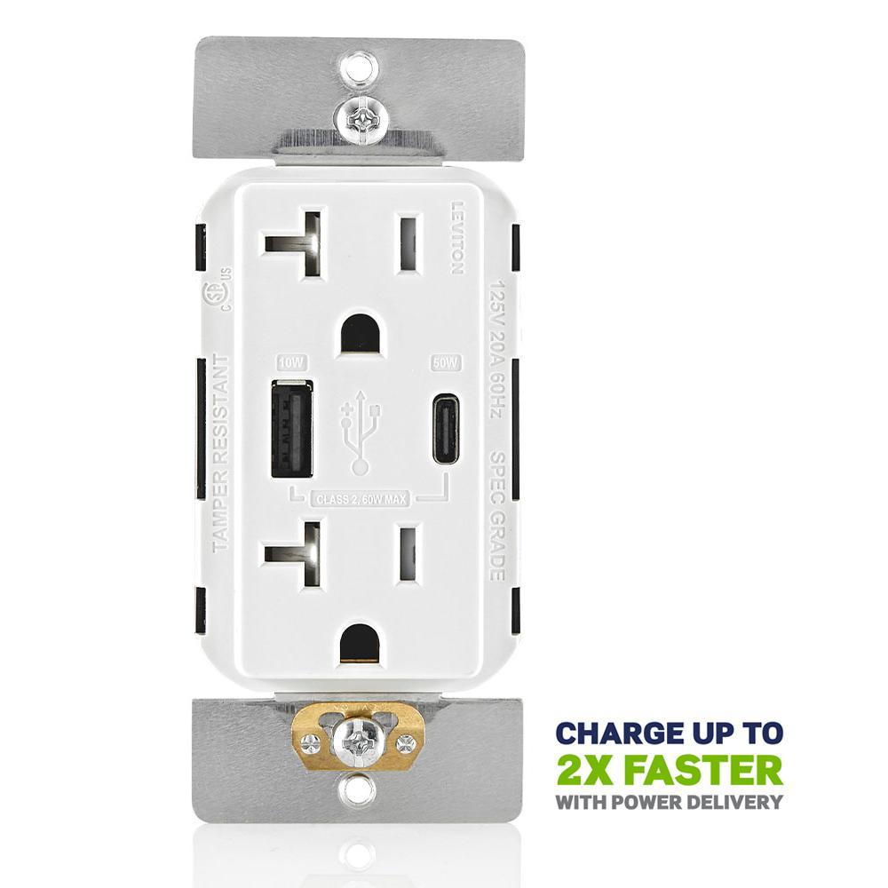 Leviton® T5834-W Duplex Grounding Charger Receptacle, 125 V AC, 20 A, 2 Poles, 3 Wires, White