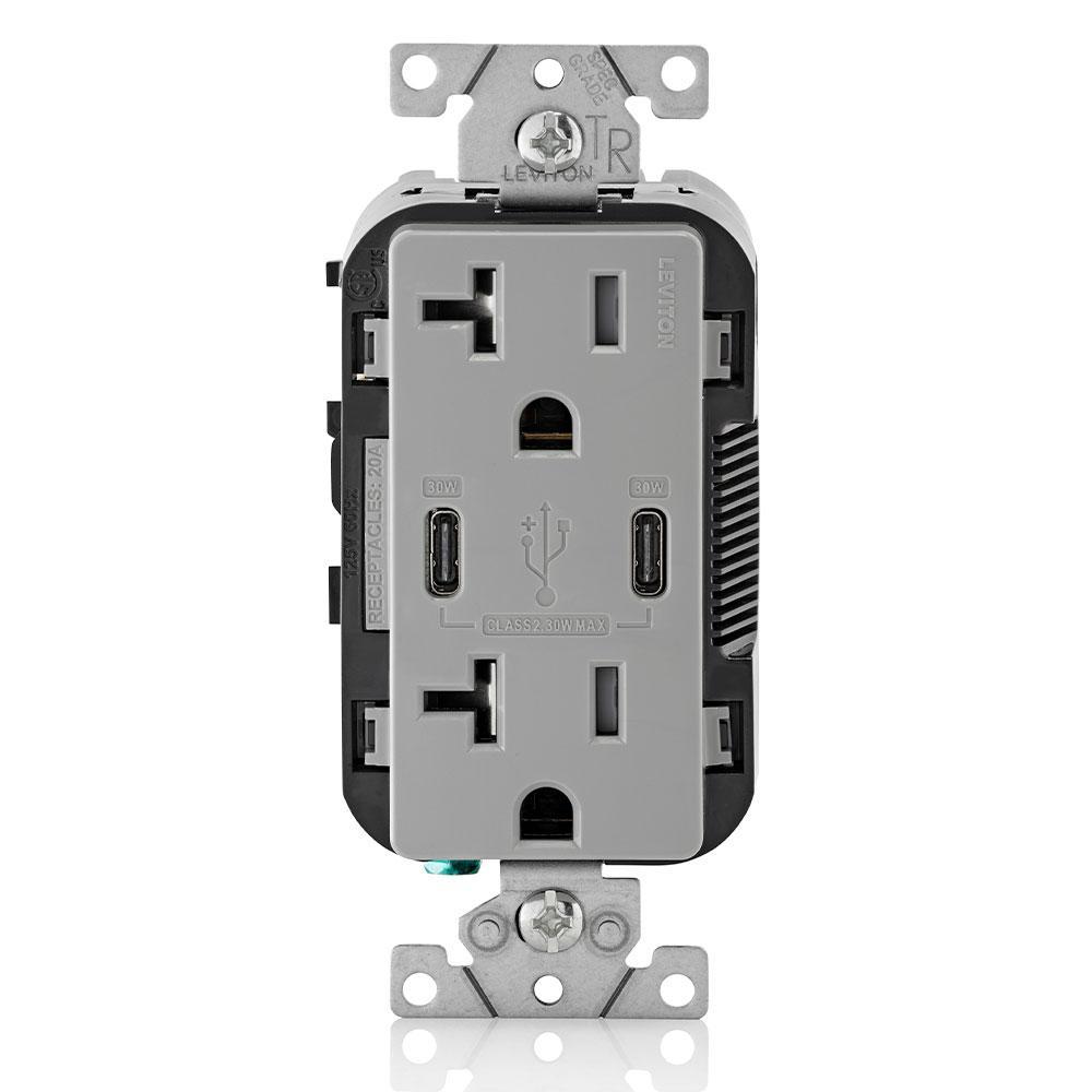 Leviton® Decora® Plus T5835-G Combination Grounding Tamper-Resistant Duplex Receptacle and USB Charger, 125 V AC, 20 A, Gray