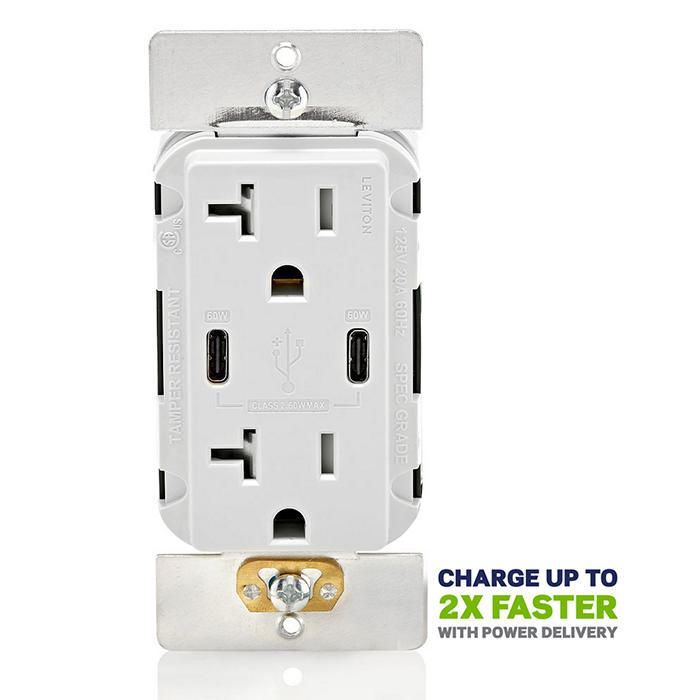 Leviton® T5836-W T5836 Outlet Charger Receptacle, Electrical Ratings: 125 V AC, 3 Wires, White
