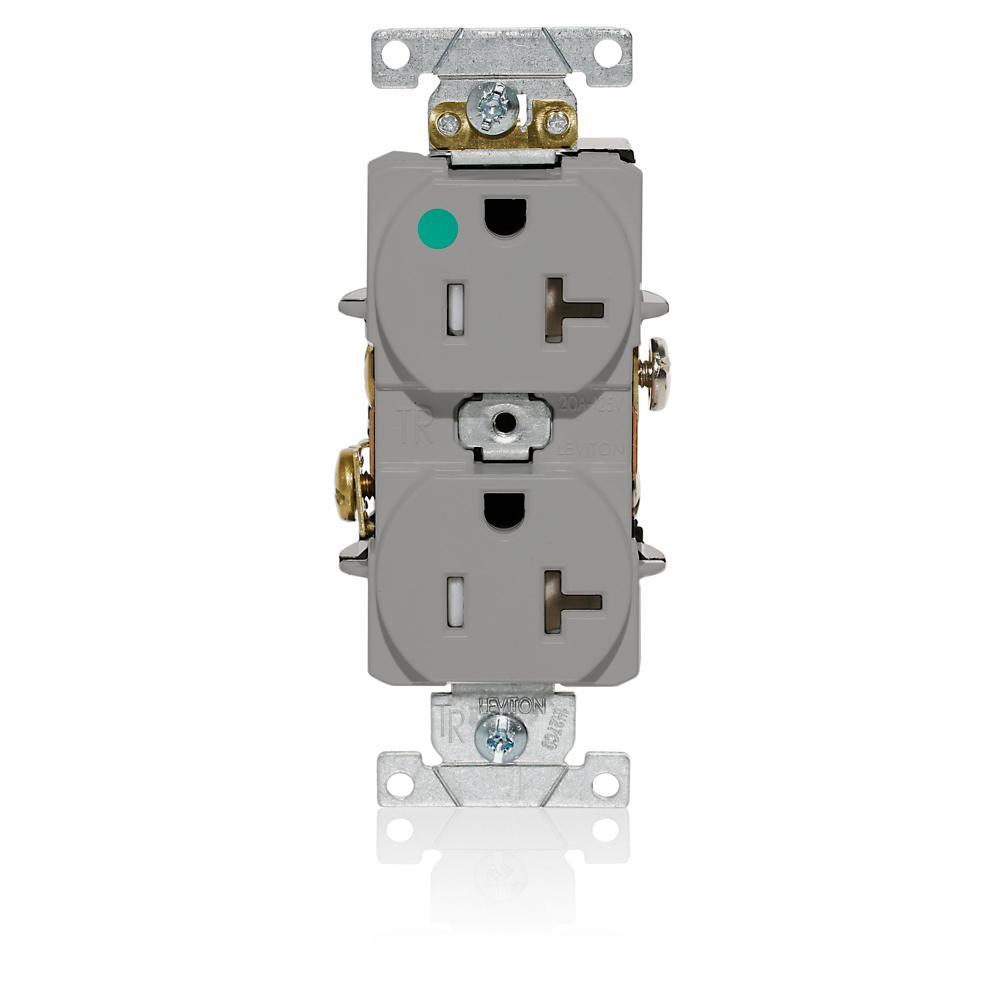 Leviton® T8300-GY T8300 Duplex Flat Smooth Face Heavy Duty Self-Grounding Standard Tamper-Resistant Straight Blade Receptacle, 125 V AC, 20 A, 2 Poles, 3 Wires, Gray