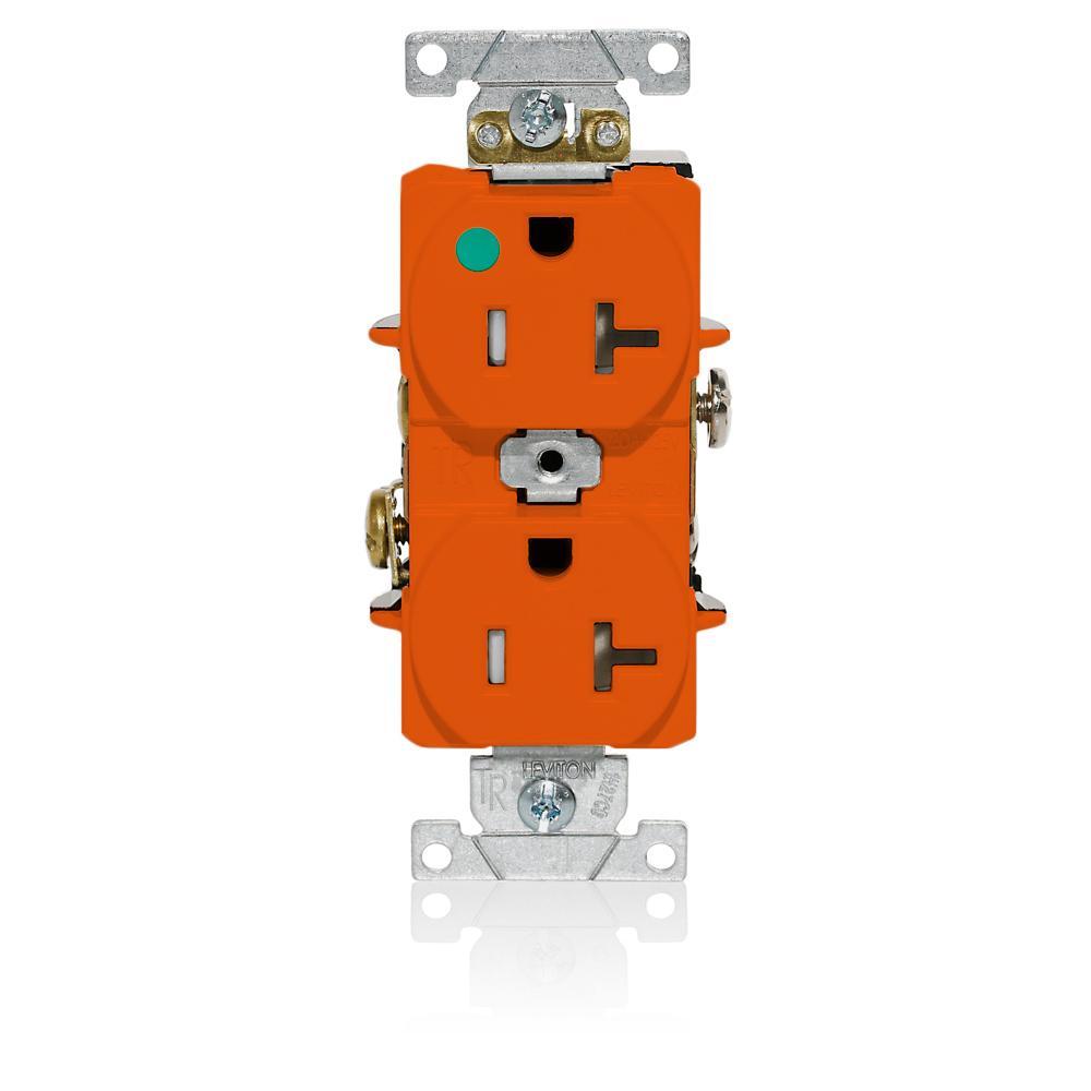 Leviton® T8300-O T8300 Duplex Flat Heavy Duty Self-Grounding Smooth Face Standard Straight Blade Receptacle, 125 V AC, 20 A, 2 Poles, 3 Wires, Orange