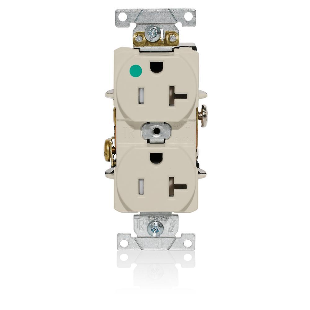 Leviton® T8300-T T8300 Duplex Flat Smooth Face Heavy Duty Self-Grounding Standard Tamper-Resistant Straight Blade Receptacle, 125 V AC, 20 A, 2 Poles, 3 Wires, Light Almond