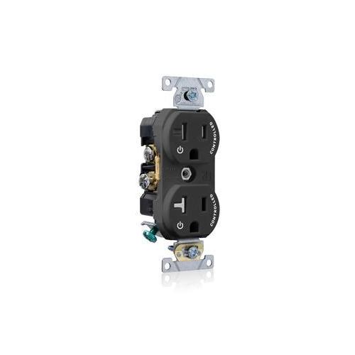 Leviton® TBR20-S2E Duplex Self-Grounding Tamper Resistant Straight Blade Receptacle With 2 Plug Controlled Marking, 125 V AC, 20 A, 2 Poles, 3 Wires, Black