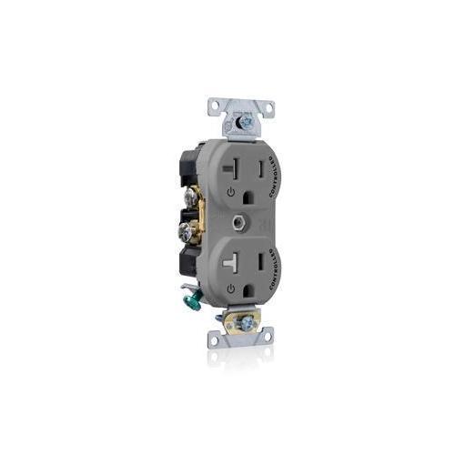 Leviton® TBR20-S2G Duplex Self-Grounding Tamper Resistant Straight Blade Receptacle With 2 Plug Controlled Marking, 125 V AC, 20 A, 2 Poles, 3 Wires, Gray