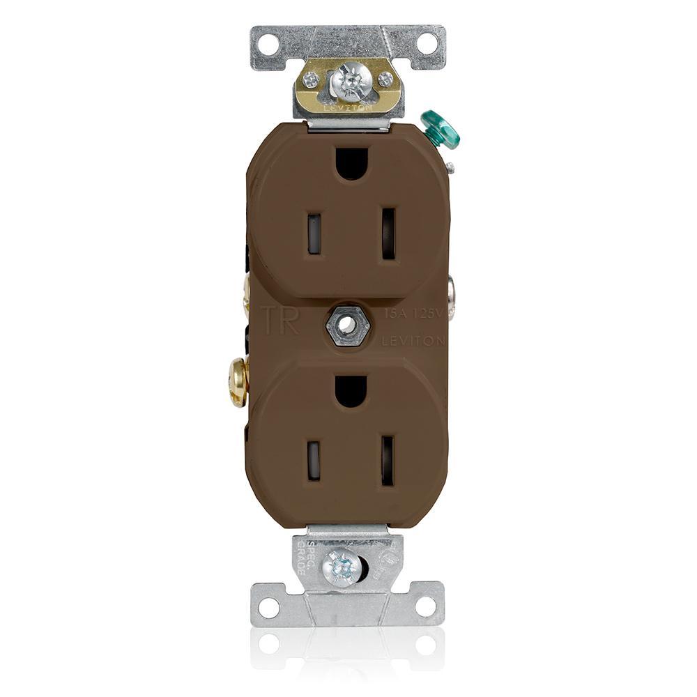 Leviton® TCR15 Duplex Self-Grounding Tamper Resistant Straight Blade Receptacle, 125 V AC, 15 A, 2 Poles, 3 Wires, Brown