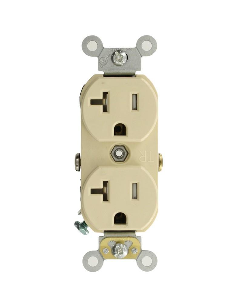 Leviton® TCR20-I Duplex Self-Grounding Tamper and Weather Resistant Straight Blade Receptacle, 125 V AC, 20 A, 2 Poles, 3 Wires, Ivory