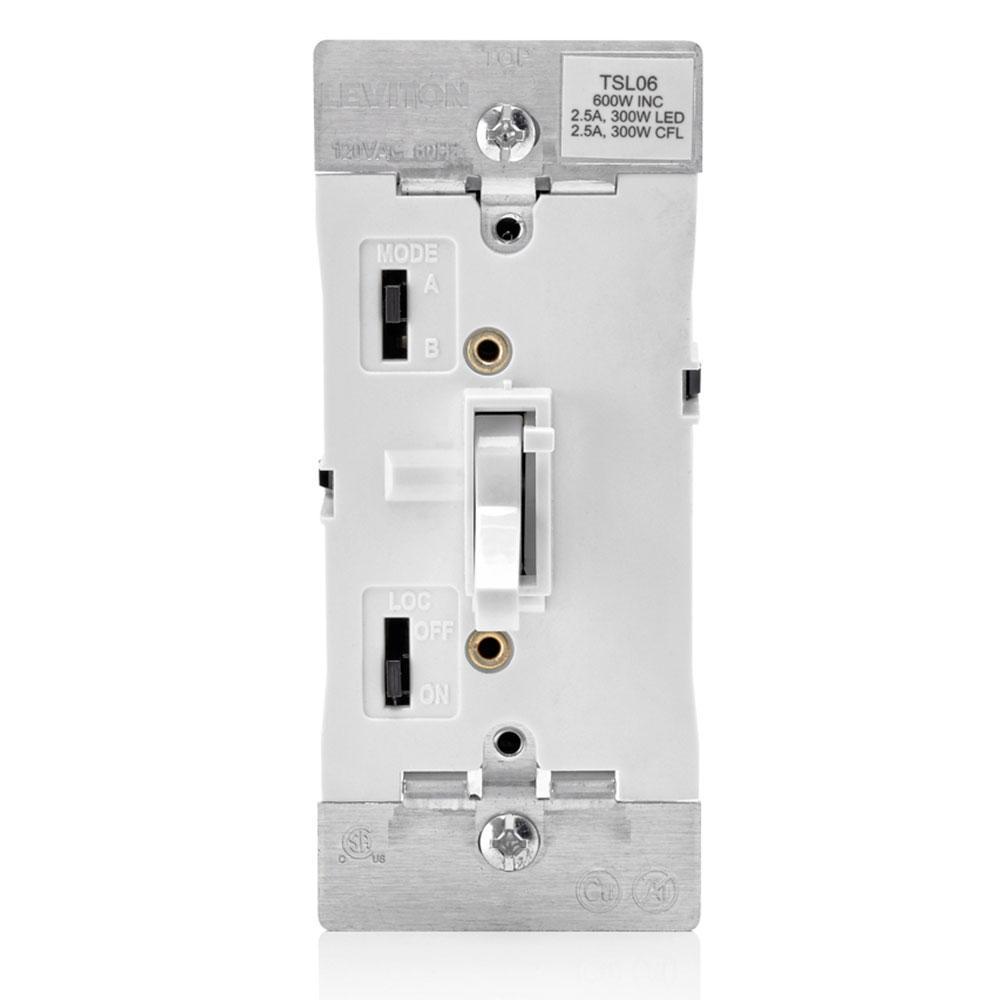 Leviton® TSL06-1LW 3-Way Electro-Mechanical Preset Universal Dimmer Switch With Locator Light, 120 V AC, 1 Poles, Toggle Slide Operation, White