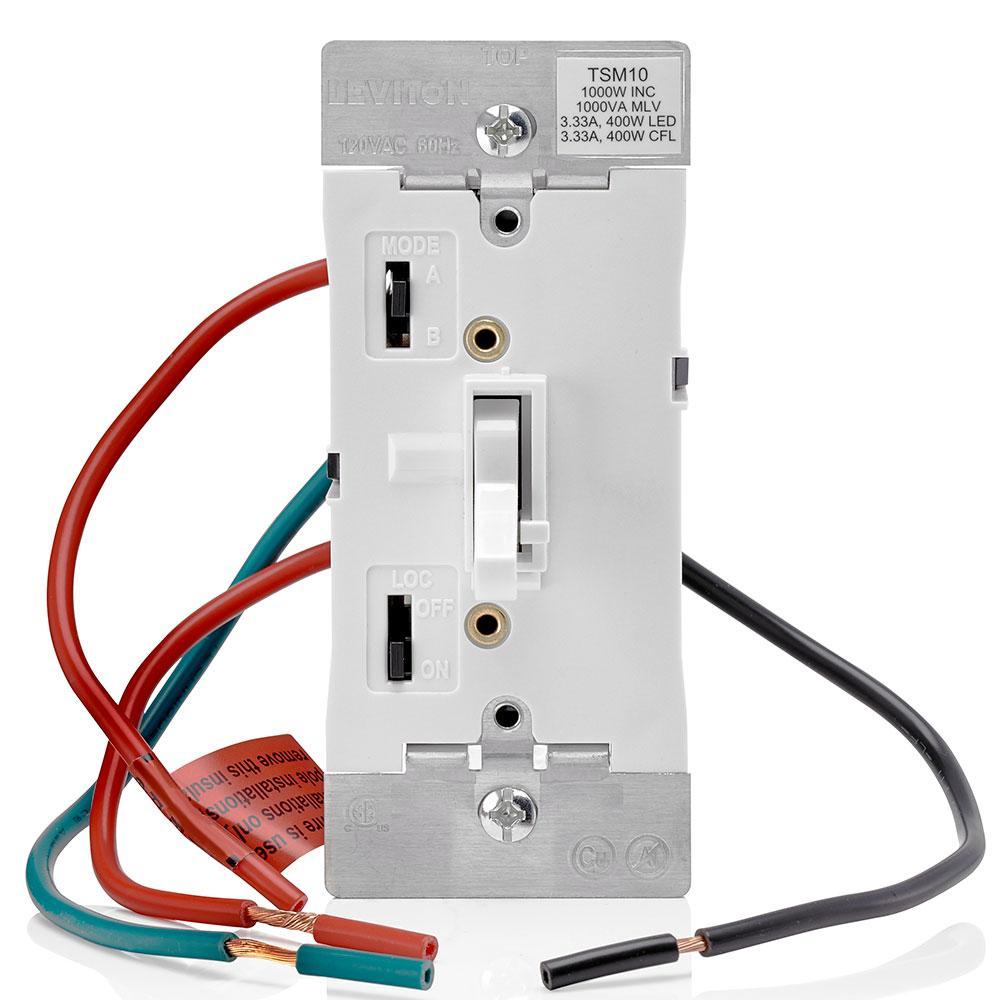 Leviton® TSM10-1LW 3-Way Electro-Mechanical Universal Dimmer Switch With Locator Light, 120 V AC, 1 Pole, White