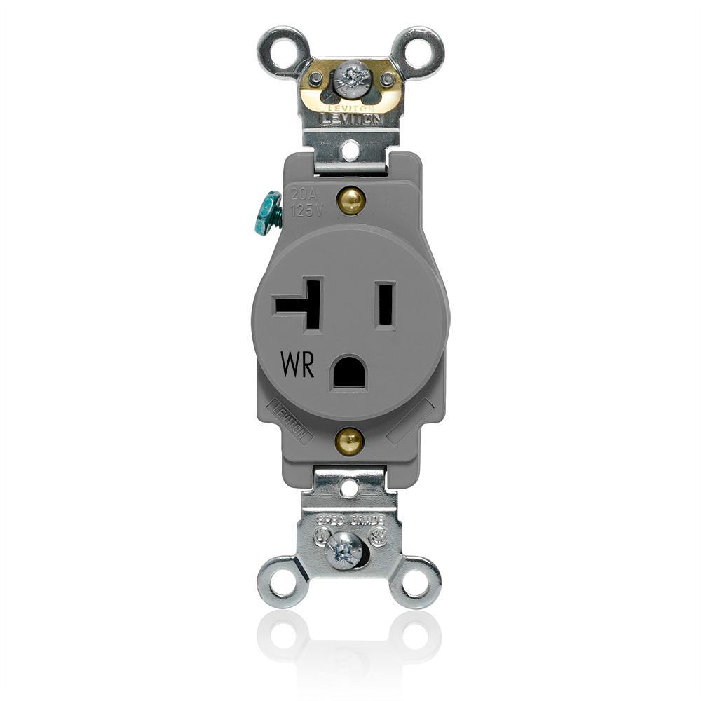 Leviton® W5361-GY Heavy Duty Single Self-Grounding Smooth Face Weather-Resistant Receptacle Outlet, 125 V AC, 20 A, 2 Poles, 3 Wires, Gray