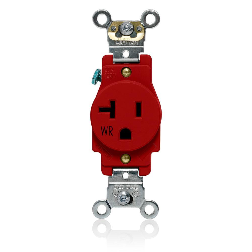 Leviton® W5361-R Heavy Duty Single Self-Grounding Smooth Face Weather-Resistant Receptacle Outlet, 125 V AC, 20 A, 2 Poles, 3 Wires, Red