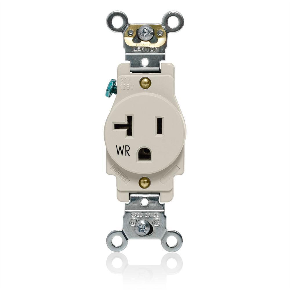Leviton® W5361-T Heavy Duty Single Self-Grounding Smooth Face Weather-Resistant Receptacle Outlet, 125 V AC, 20 A, 2 Poles, 3 Wires, Light Almond