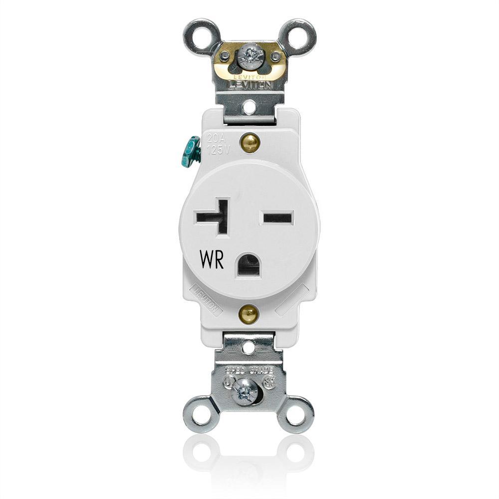 Leviton® W5461-W W5461 Heavy Duty Self-Grounding Single Smooth Face Standard Straight Blade Receptacle, 250 V AC, 20 A, 2 Poles, 3 Wires, White
