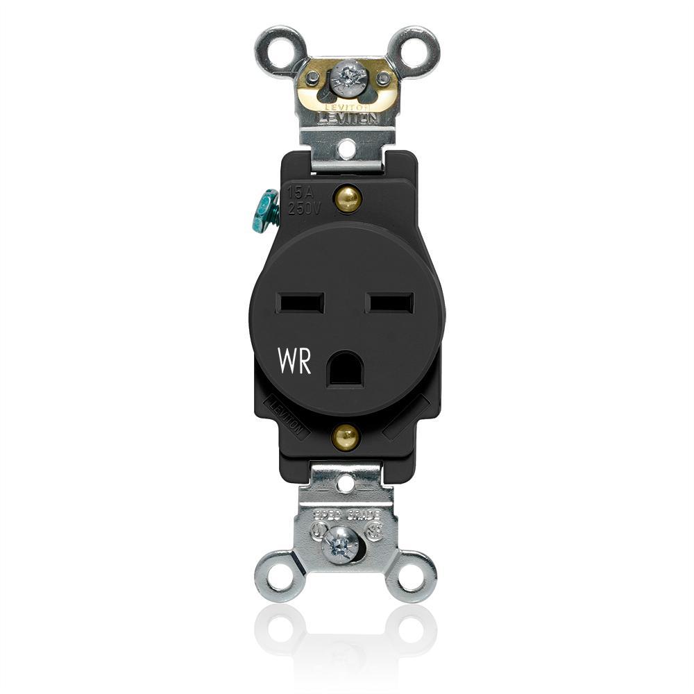 Leviton® W5661-E Heavy Duty Single Self-Grounding Smooth Face Weather-Resistant Receptacle Outlet, 250 V AC, 15 A, 2 Poles, 3 Wires, Black