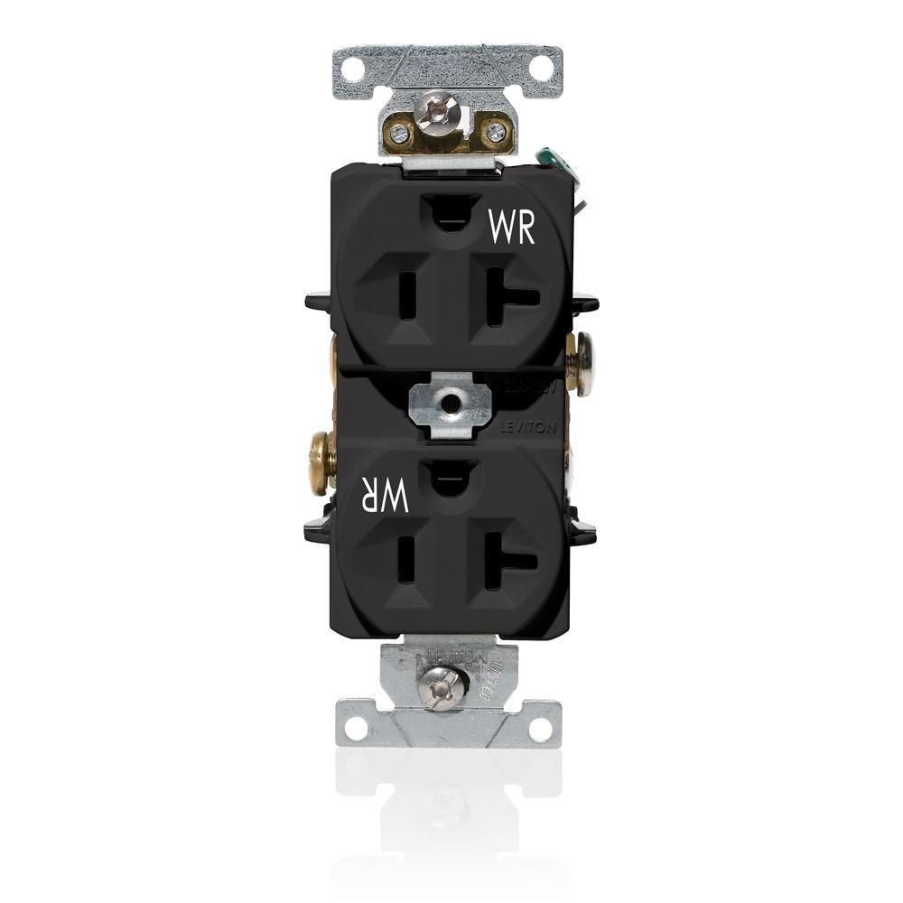Leviton® WBR20-E Duplex Weather Resistant Straight Blade Receptacle, 125 V AC, 20 A, 2 Poles, 3 Wires, Black