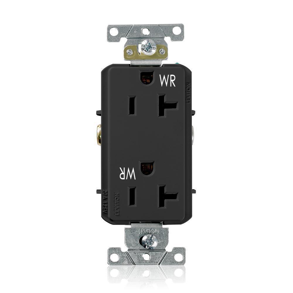 Leviton® Decora® Plus WDR20-E Duplex Heavy Duty Self-Grounding Smooth Face Weather-Resistant Straight Blade Receptacle, 125 V AC, 20 A, 2 Poles, 3 Wires, Black