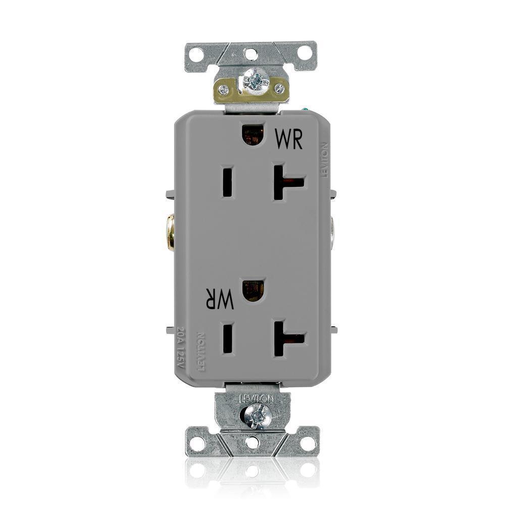 Leviton® Decora® Plus WDR20-GY Duplex Heavy Duty Self-Grounding Smooth Face Weather-Resistant Straight Blade Receptacle, 125 V AC, 20 A, 2 Poles, 3 Wires, Gray