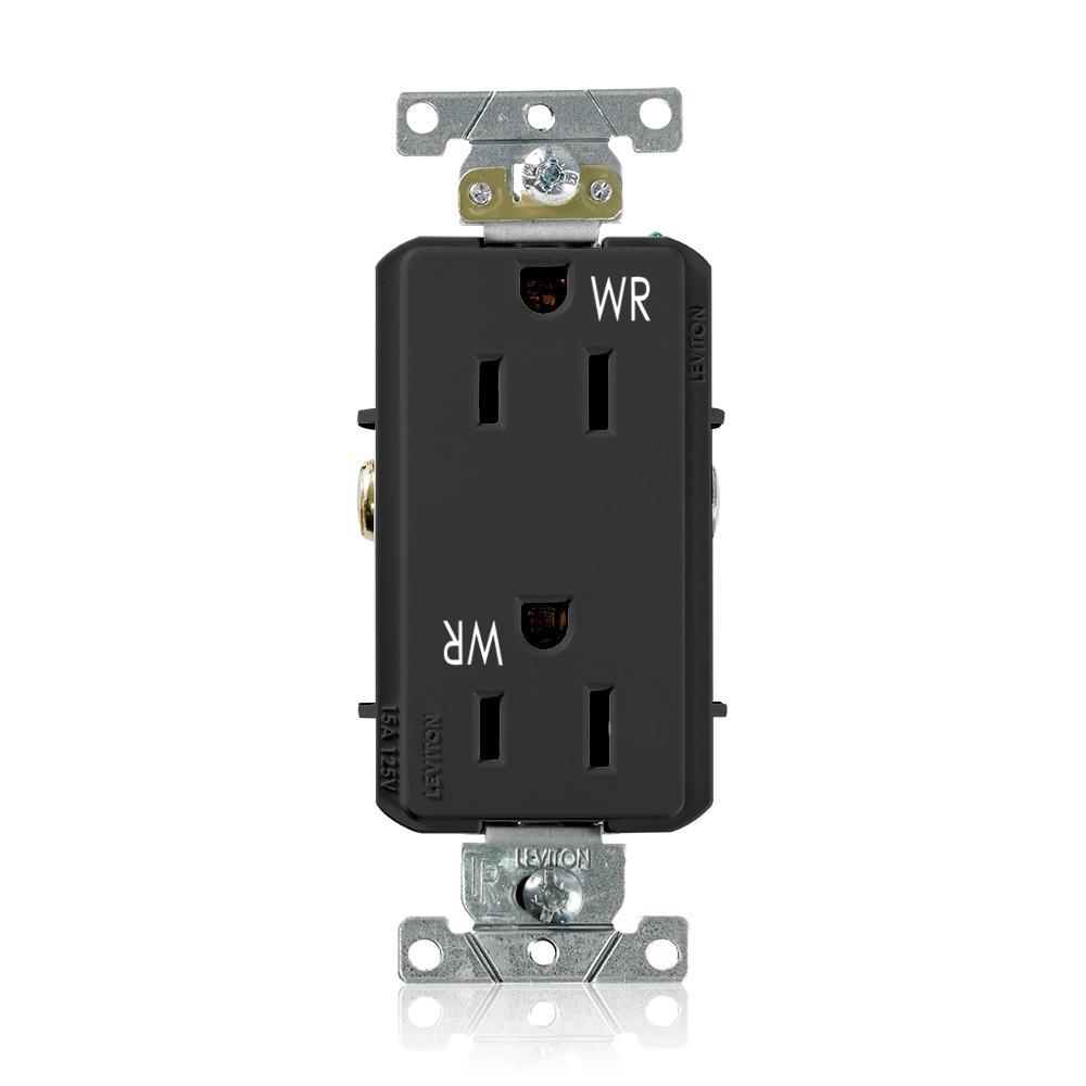 Leviton® Decora® Plus WTD15-E Duplex Heavy Duty Self-Grounding Smooth Face Tamper-Resistant Weather-Resistant Straight Blade Receptacle, 125 V AC, 15 A, 2 Poles, 3 Wires, Black