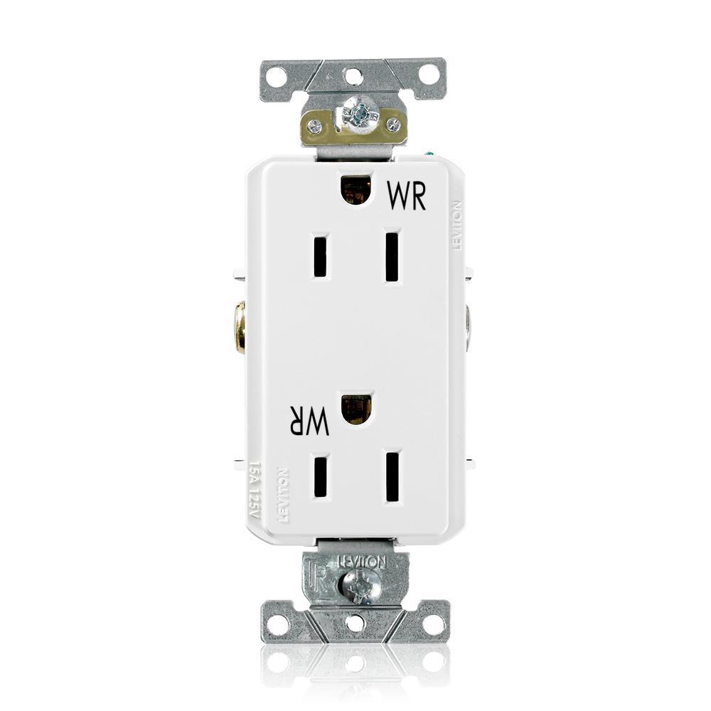 Leviton® Decora® Plus WTD15-W Duplex Heavy Duty Self-Grounding Smooth Face Tamper-Resistant Weather-Resistant Straight Blade Receptacle, 125 V AC, 15 A, 2 Poles, 3 Wires, White