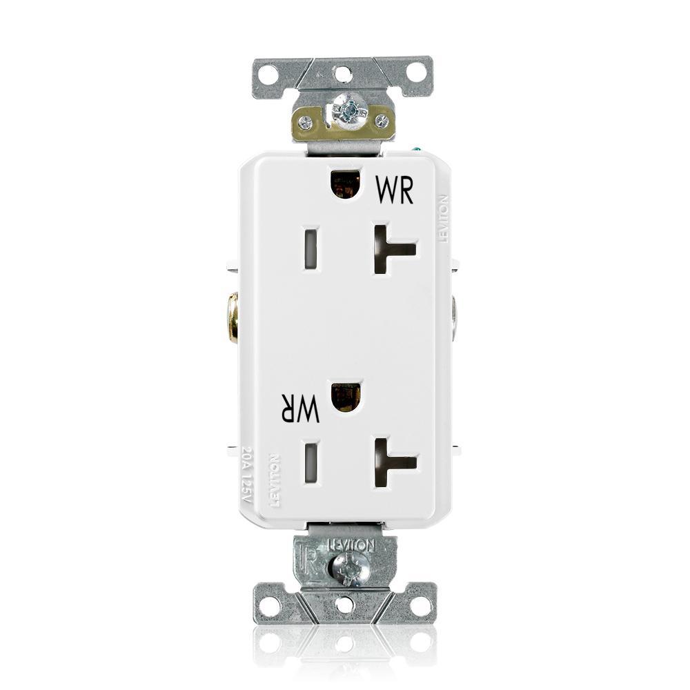 Leviton® Decora® Plus WTD20-W Duplex Heavy Duty Self-Grounding Smooth Face Tamper-Resistant Weather-Resistant Straight Blade Receptacle, 125 V AC, 20 A, 2 Poles, 3 Wires, White