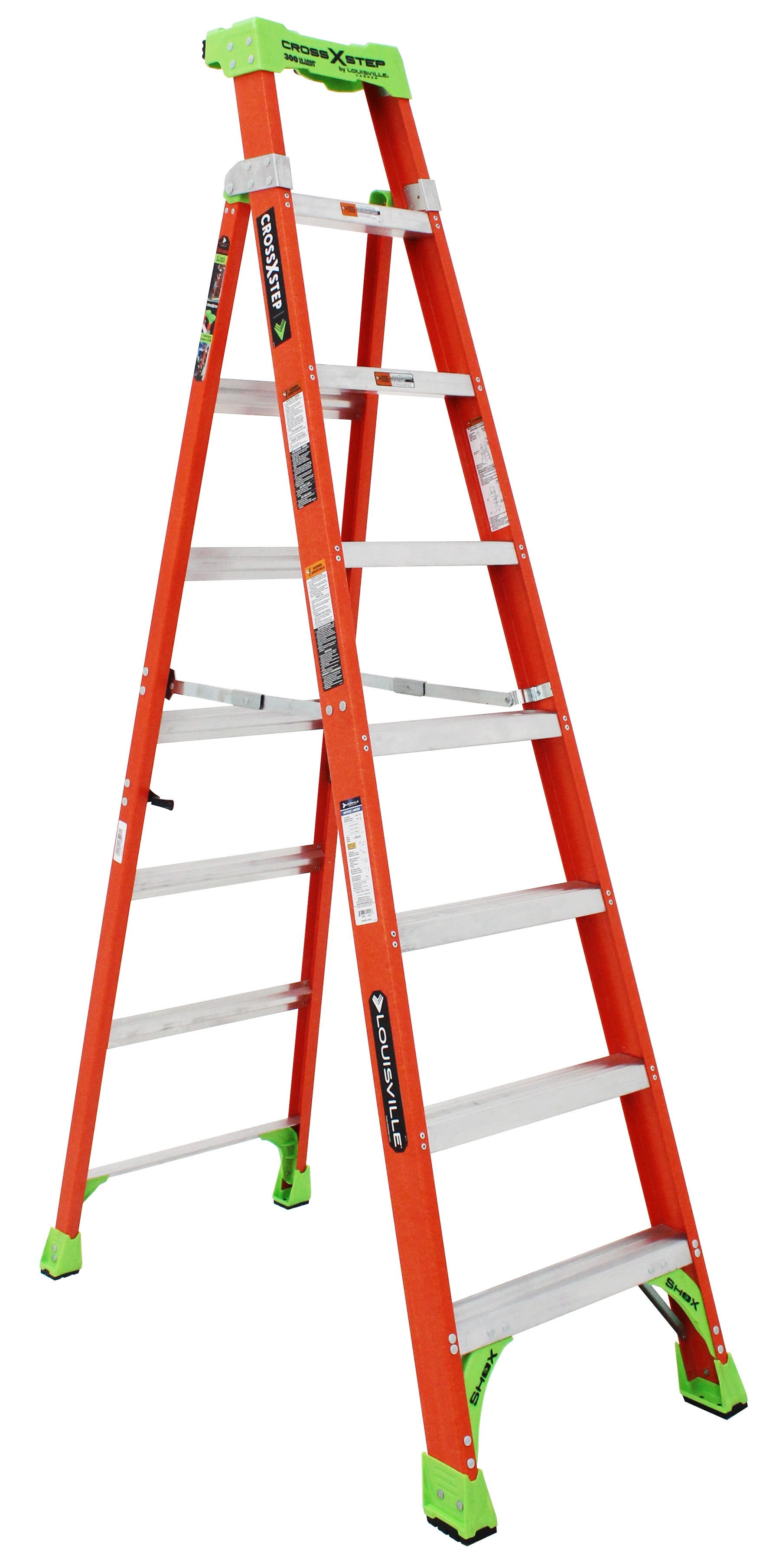 Louisville® FXS1508 FXS1500 Type IA 2-in-1 Cross Step to Shelf Ladder, 8 ft H Ladder, 300 lb Load, 7 Steps, Fiberglass, A14.5