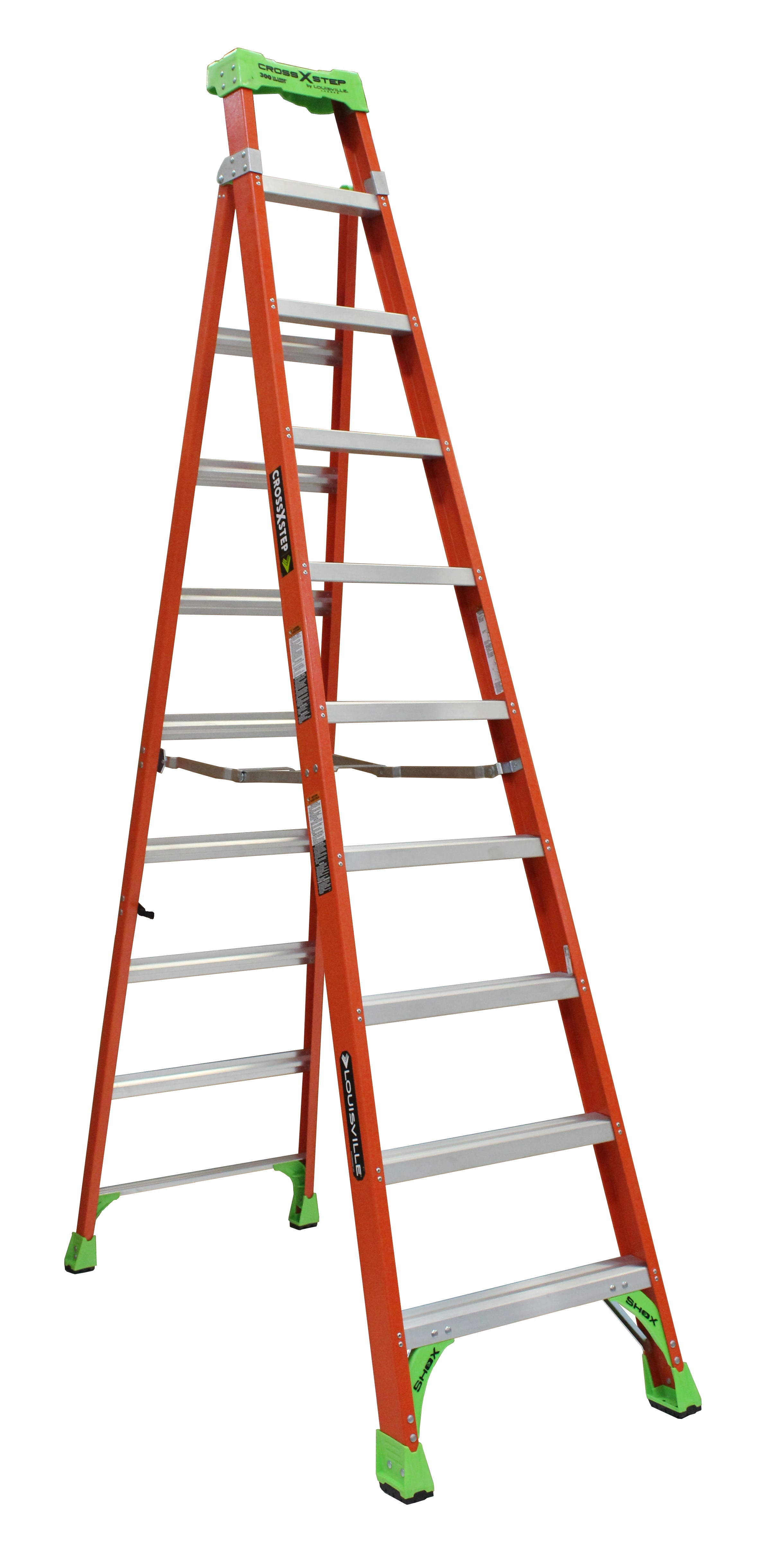 Louisville® FXS1510 FXS1500 Type IA 2-in-1 Cross Step to Shelf Ladder, 10 ft H Ladder, 300 lb Load, 9 Steps, Fiberglass, A14.5