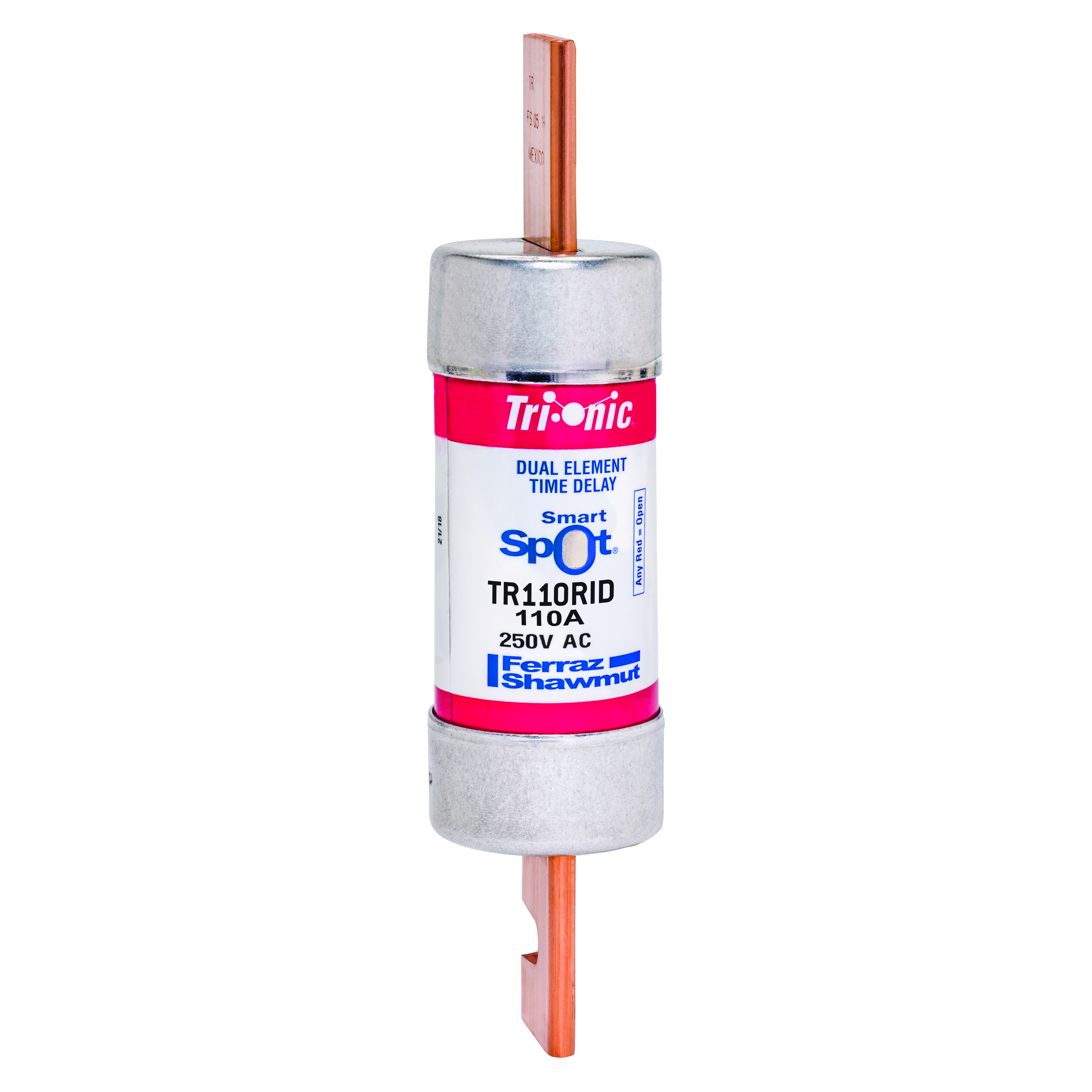 Mersen Tri-Onic® SmartSpot® TR110RID Current Limiting Low Voltage North American Style Time Delay Fuse With Blown Fuse Visual Indication, 110 A, 250 V AC, 200 kA Interrupt, RK5 Class, Cylindrical Body