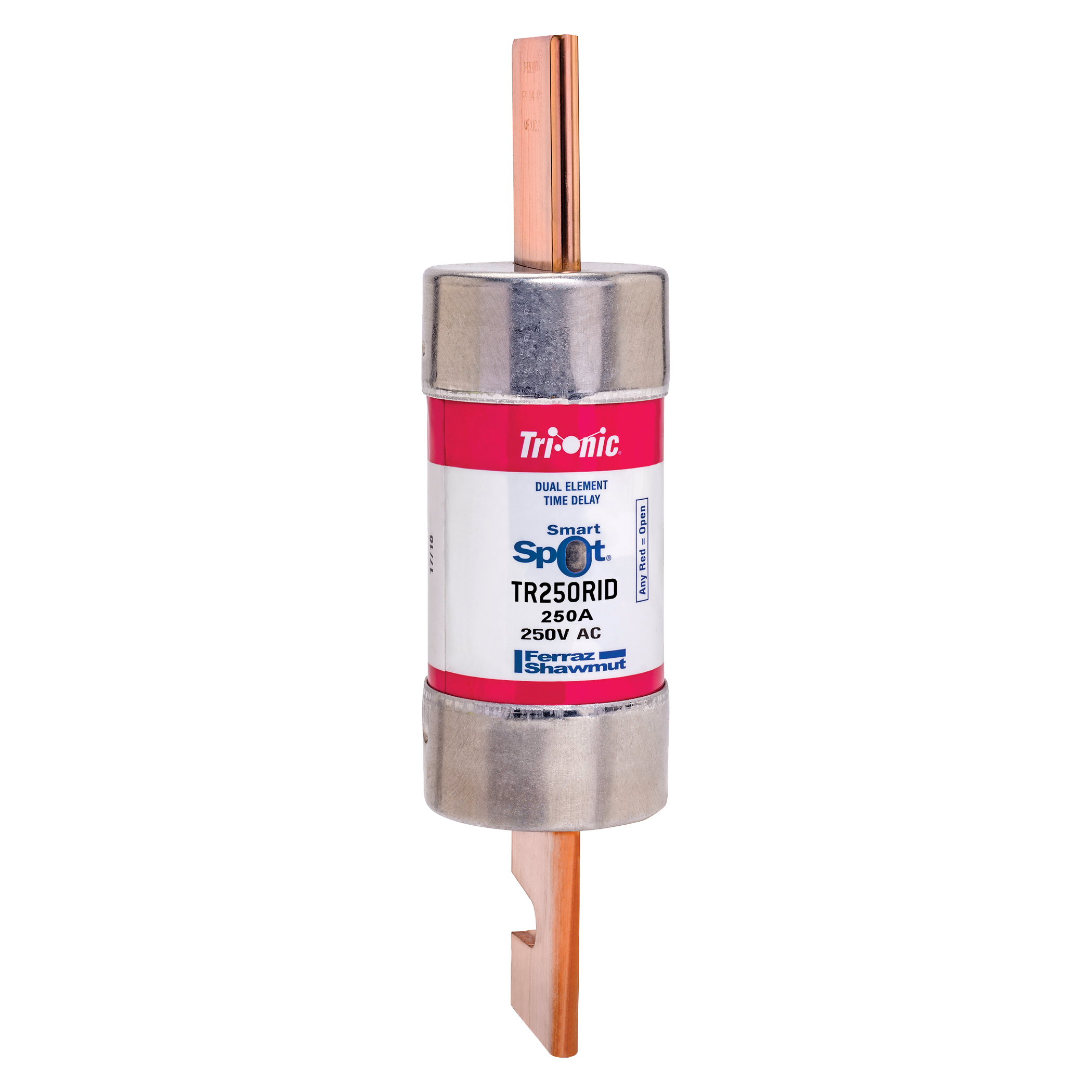 Mersen Tri-Onic® SmartSpot® TR250RID Current Limiting Low Voltage North American Style Time Delay Fuse With Blown Fuse Visual Indication, 250 A, 250 V AC, 200 kA Interrupt, RK5 Class, Cylindrical Body