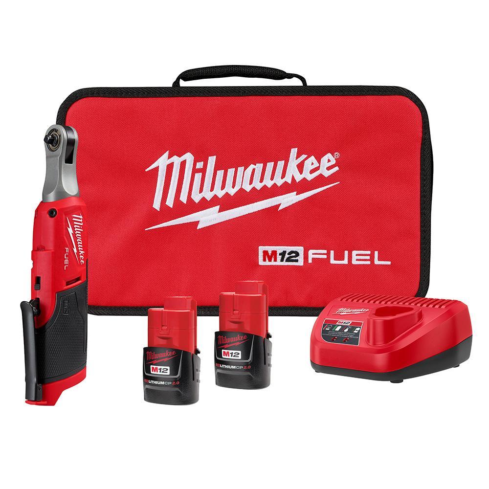 Milwaukee® 2566-22 M12 FUEL™ High-Speed Cordless Ratchet Kit, 1/4 in Drive, 0 to 35 ft-lb Torque, 0 to 450 rpm Speed, 12 V, Li-Ion Battery, 10.7 in OAL