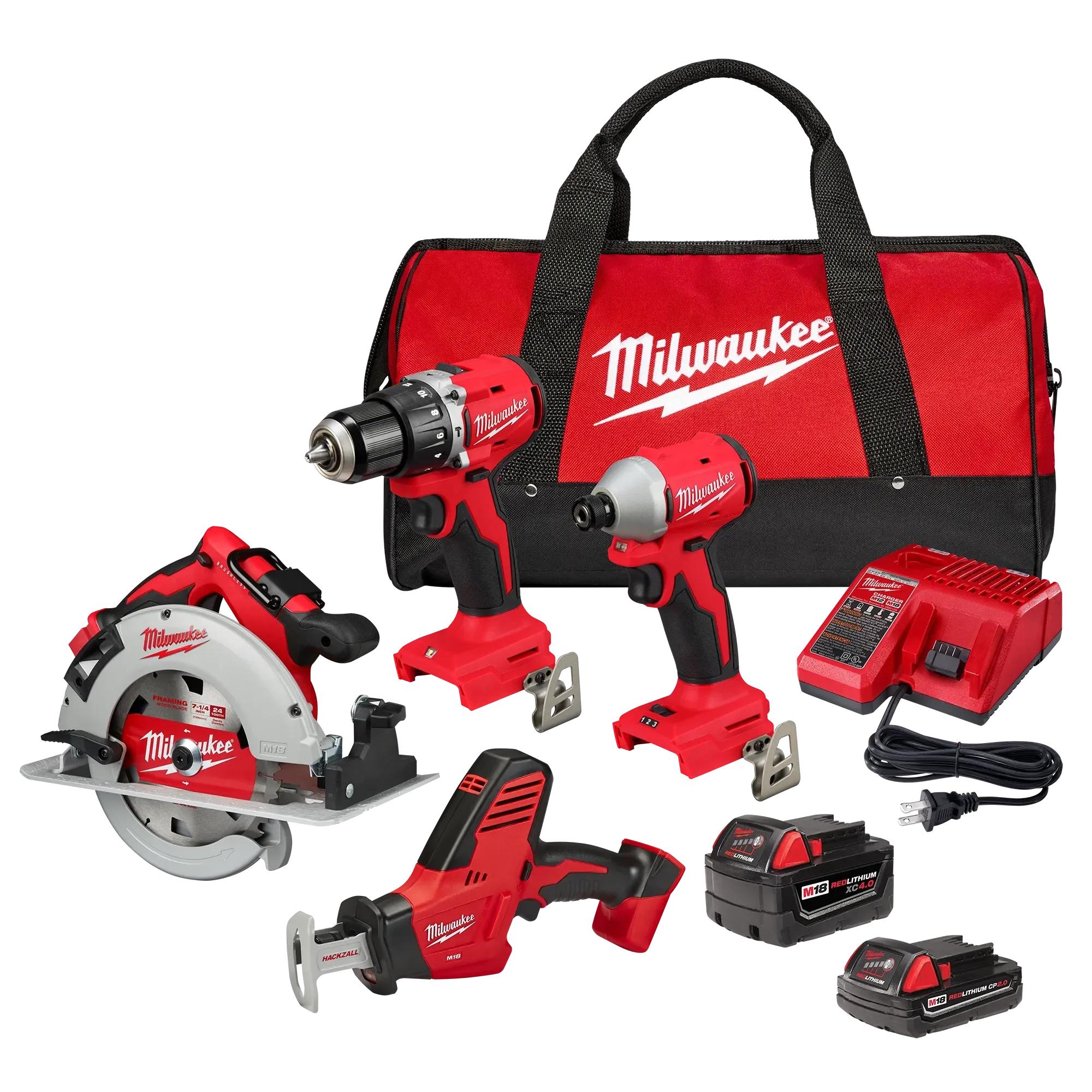 Milwaukee® 3693-24CX M18™ 4-Tool Power Tool Combo Kit, Tools: M18™ Compact Brushless 1/2" Hammer Drill/Driver/M18™ Compact Brushless 1/4" Hex 3-Speed Impact Driver/M18™ Brushless 7-1/4" Circular Saw/M18™ HACKZALL® Recip Saw, 18 V, Lithium Battery