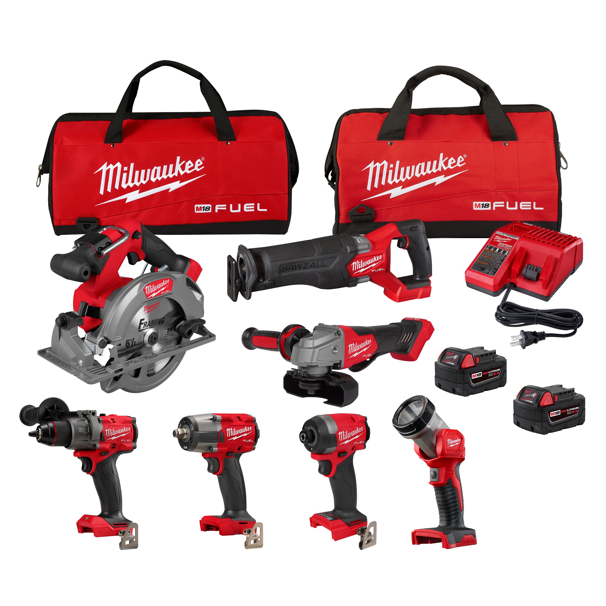 Milwaukee® 3697-27 M18 FUEL™ Cordless 7 Tool Combo Kit, Tools: Hammer Drill/Impact Driver/Reciprocating Saw/Circular Saw/Mid-Torque Impact Wrench/Grinder/LED Work Light, 18 V, 5 Ah Battery Li-Ion Battery