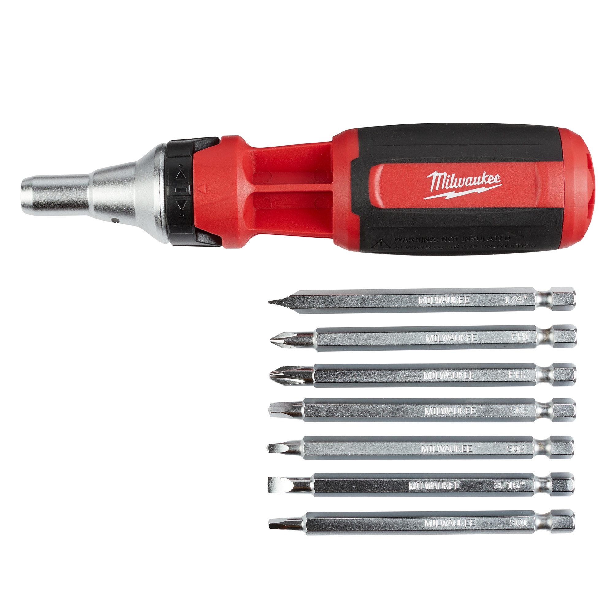 Milwaukee® 48-22-2322 9-in-1 General Purpose Ratcheting Multi-Bit Screwdriver, 9 Pieces, Phillips®/Slotted/Square Point, Ergonomic Grip Handle, Steel