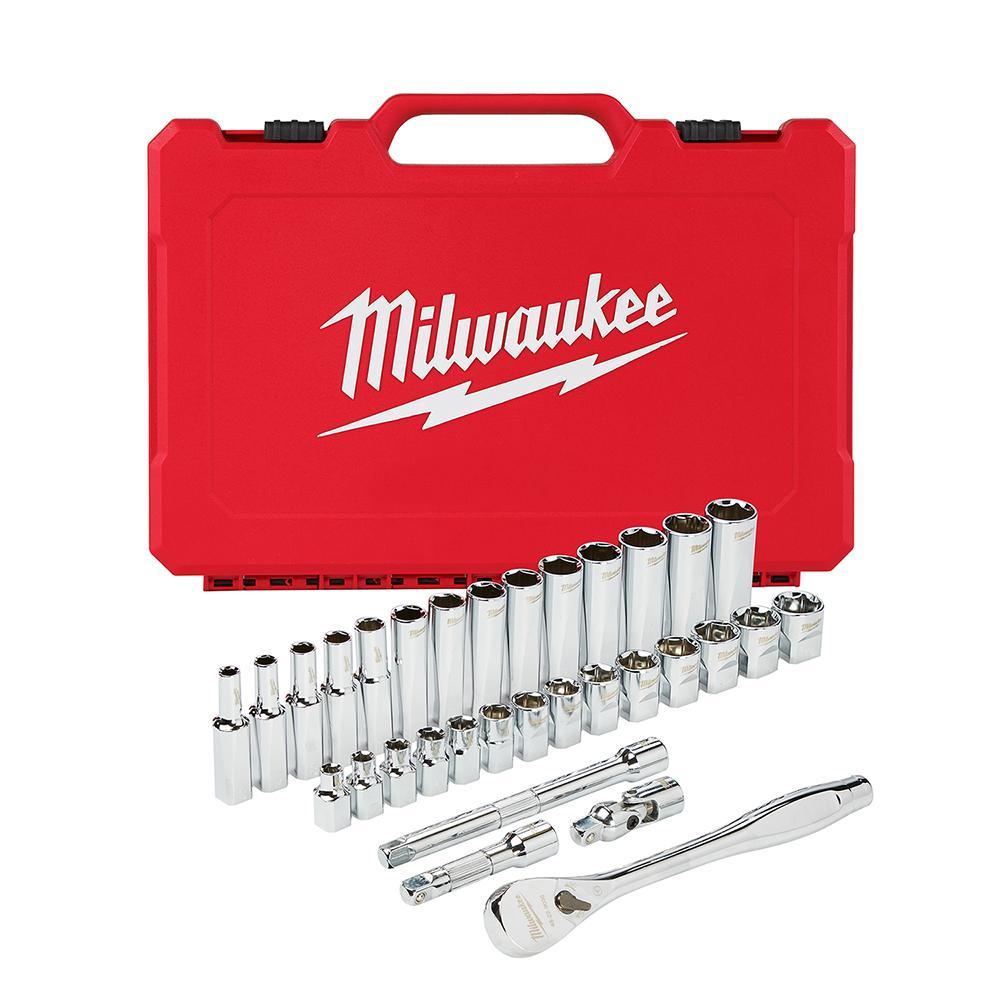 Milwaukee® 48-22-9508 Ratchet and Socket Set, Case Tool Storage, 4 deg Arc Swing, 3/8 in Drive, 32 Pieces, Steel