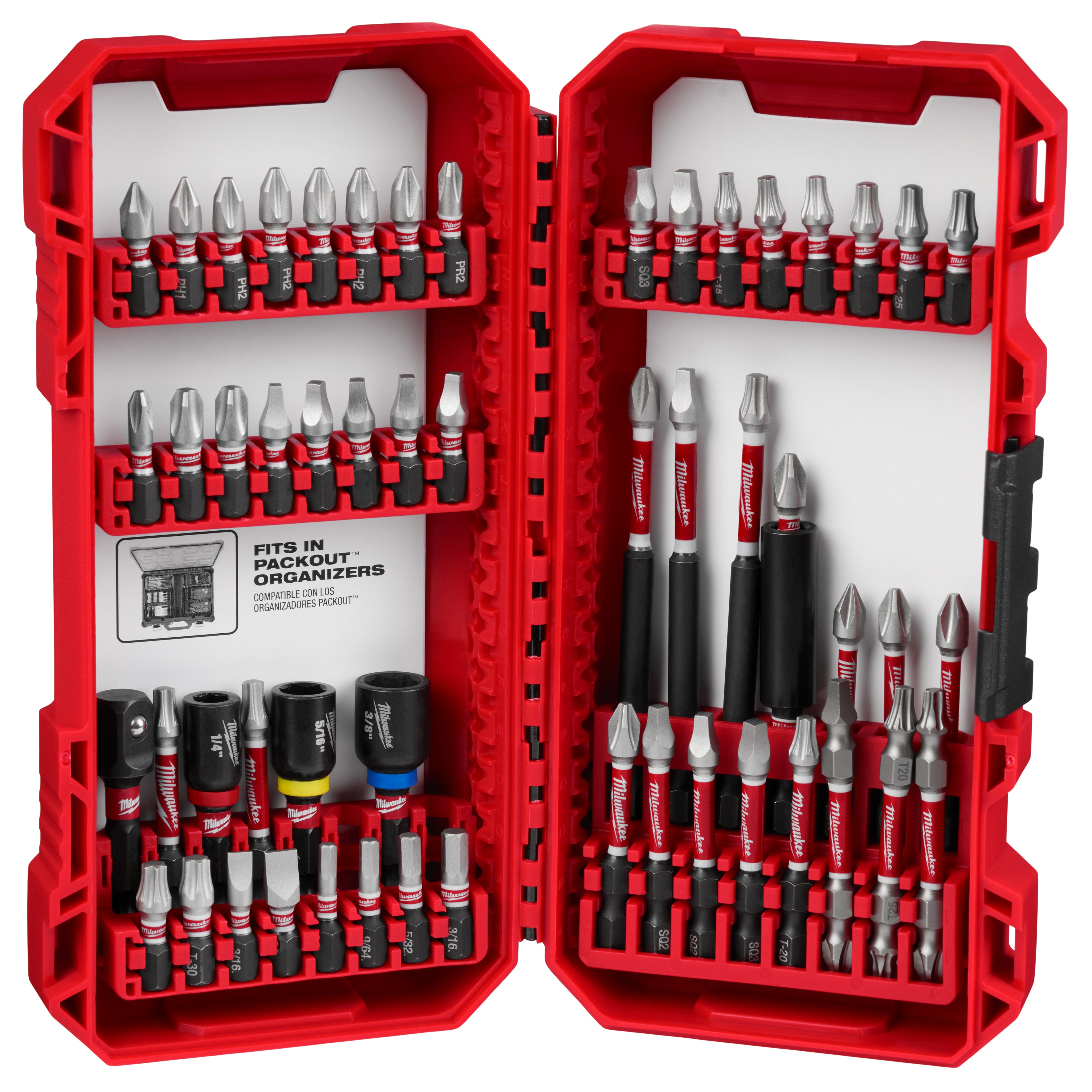 Milwaukee® 48-32-4010 SHOCKWAVE 54-Piece Bit Set, P1, P2,PR1, P3, SQ1, SQ4, SQ3, T15, T20, T25, T27, T30, SL#8, SL#10, 1/8 in, 9/64 in, 5/32 in, 3/16 in, SQ2, 3.5 in, 1-7/8 in, 1/4 in, 5/16, 3/8 in, 1/4 in Point Hex Point, 1/4 in, Alloy Steel