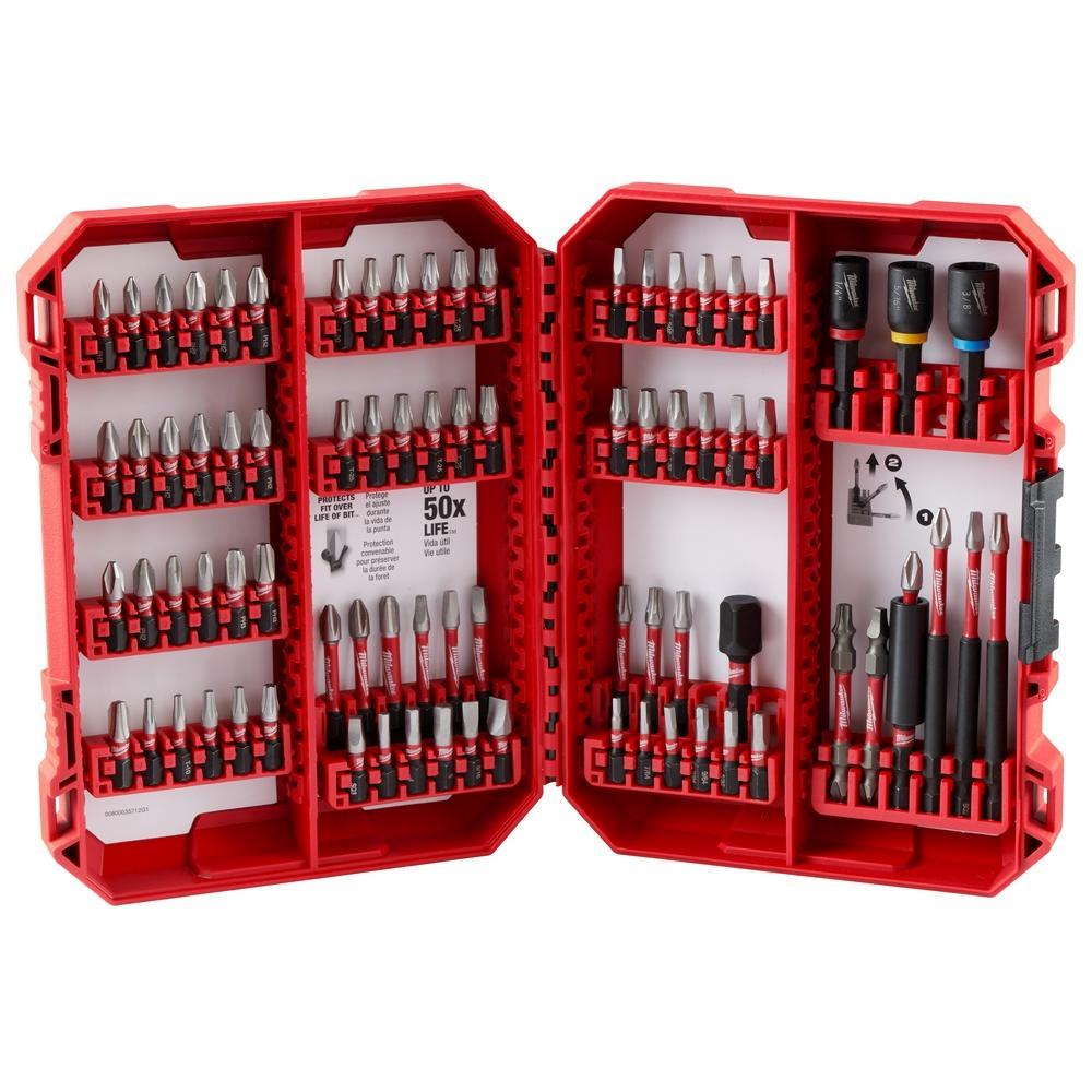 Milwaukee® 48-32-4094 SHOCKWAVE 80-Piece Bit Set, P1, P2,PR1, P3, SQ1, SQ4, SQ3, T15, T20, T25, T27, T30, SL#8, SL#10, 1/8 in, 9/64 in, 5/32 in, 3/16 in, SQ2, 3.5 in, 1-7/8 in, 1/4 in, 5/16, 3/8 in, 1/4 in Point Hex Point, 1/4 in, Alloy Steel