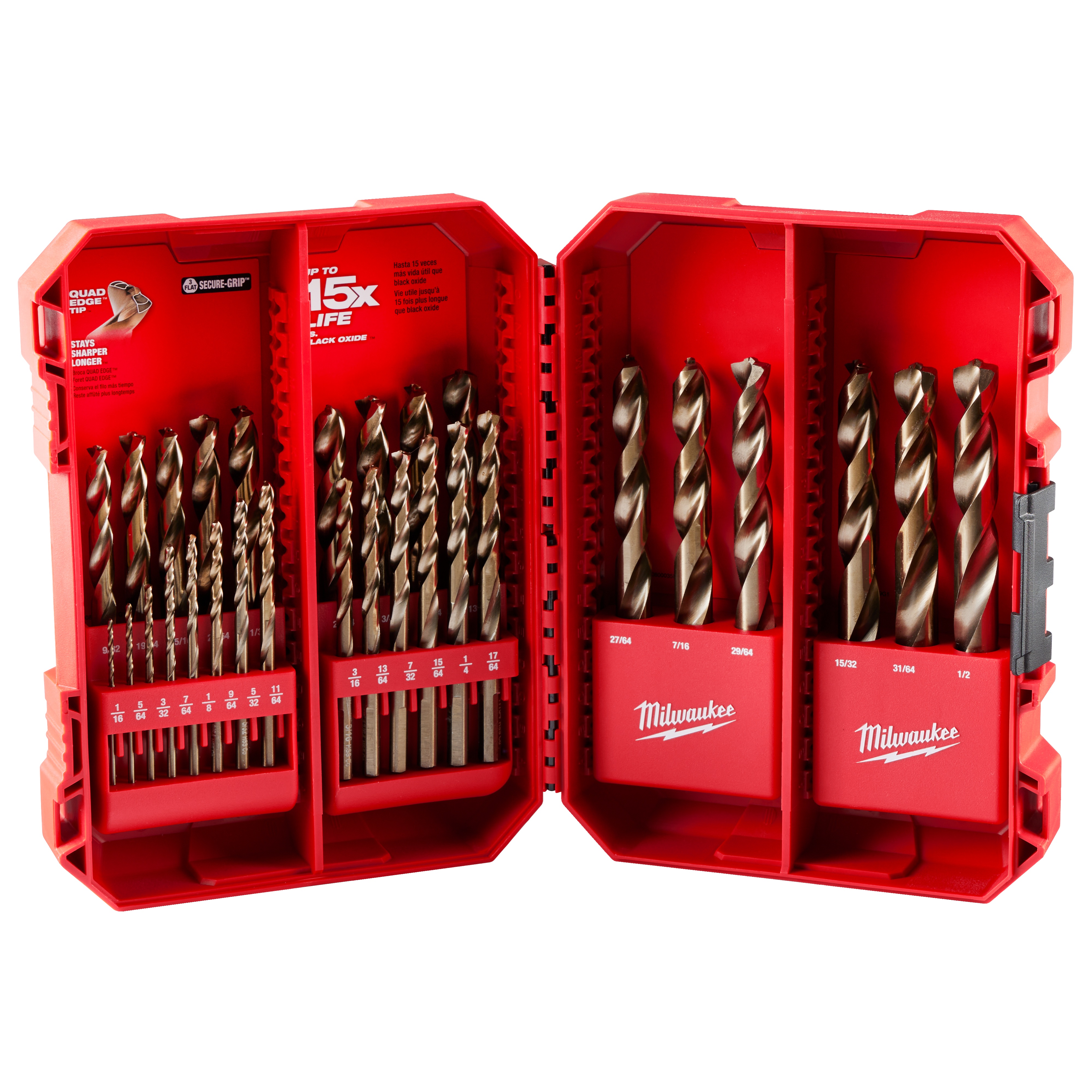 Milwaukee® RED HELIX™ 48-89-2332 Drill Bit Set, 1/16 in Min Drill Bit, 1/2 in Max Drill Bit, 135 deg Drill Point Angle, 29 Pieces, Uncoated