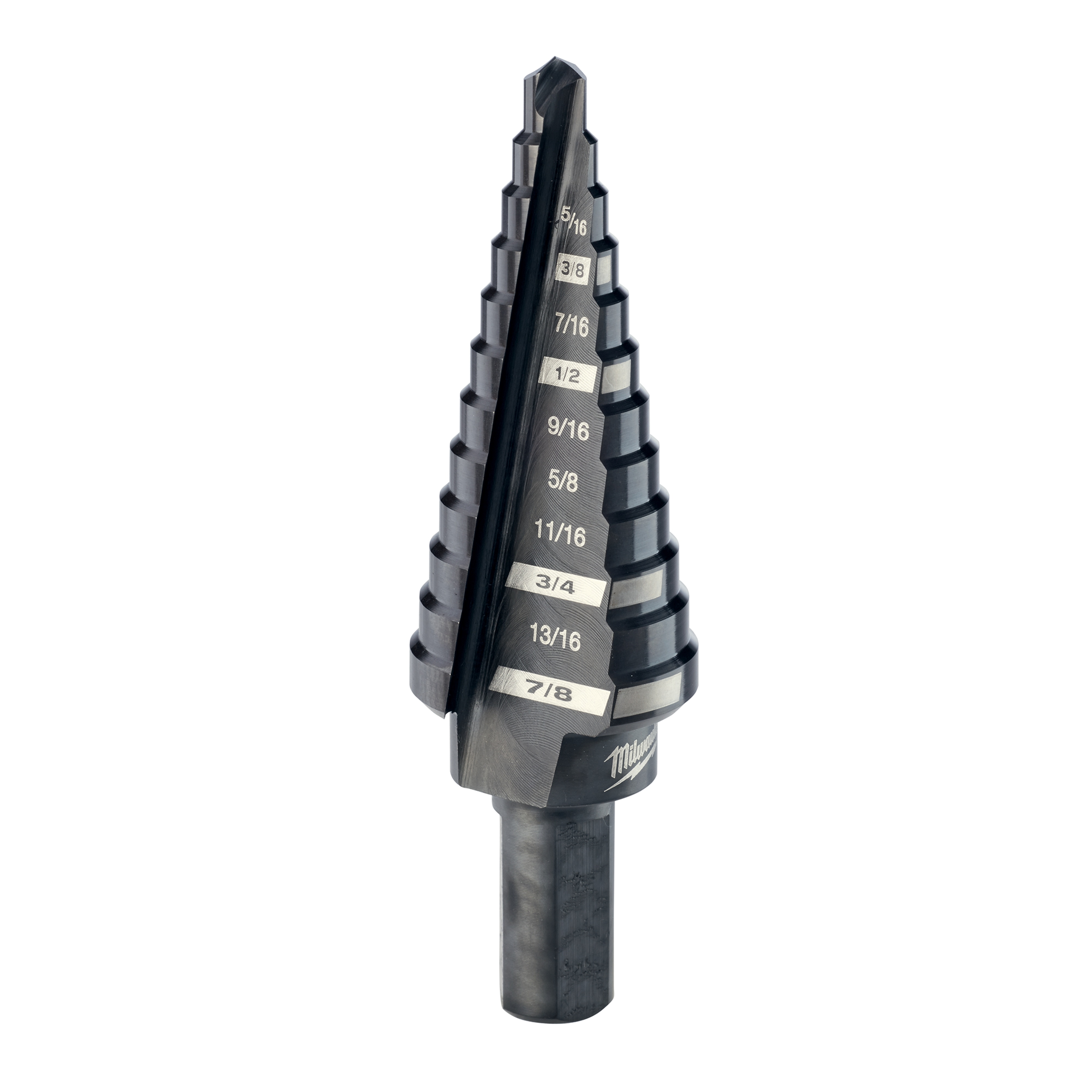 Milwaukee® 48-89-9204 Step Drill Bit, 3/16 in Dia Min Hole, 7/8 in Dia Max Hole, 12 Steps, HSS, 12 Hole Sizes, 3/8 in Shank