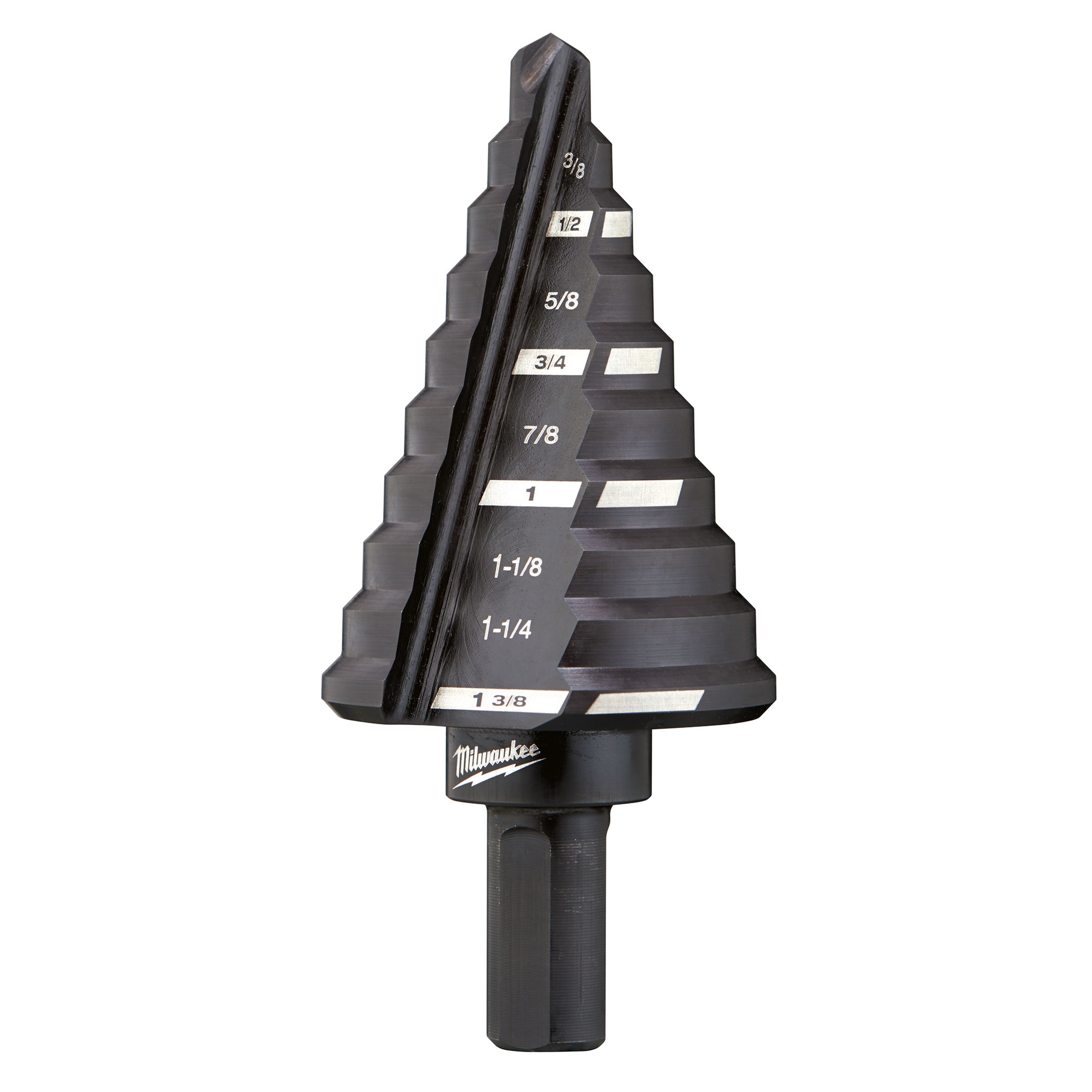 Milwaukee® 48-89-9205 Step Drill Bit, 1/4 in Dia Min Hole, 1-3/8 in Dia Max Hole, 10 Steps, HSS, 10 Hole Sizes, 3/8 in Shank