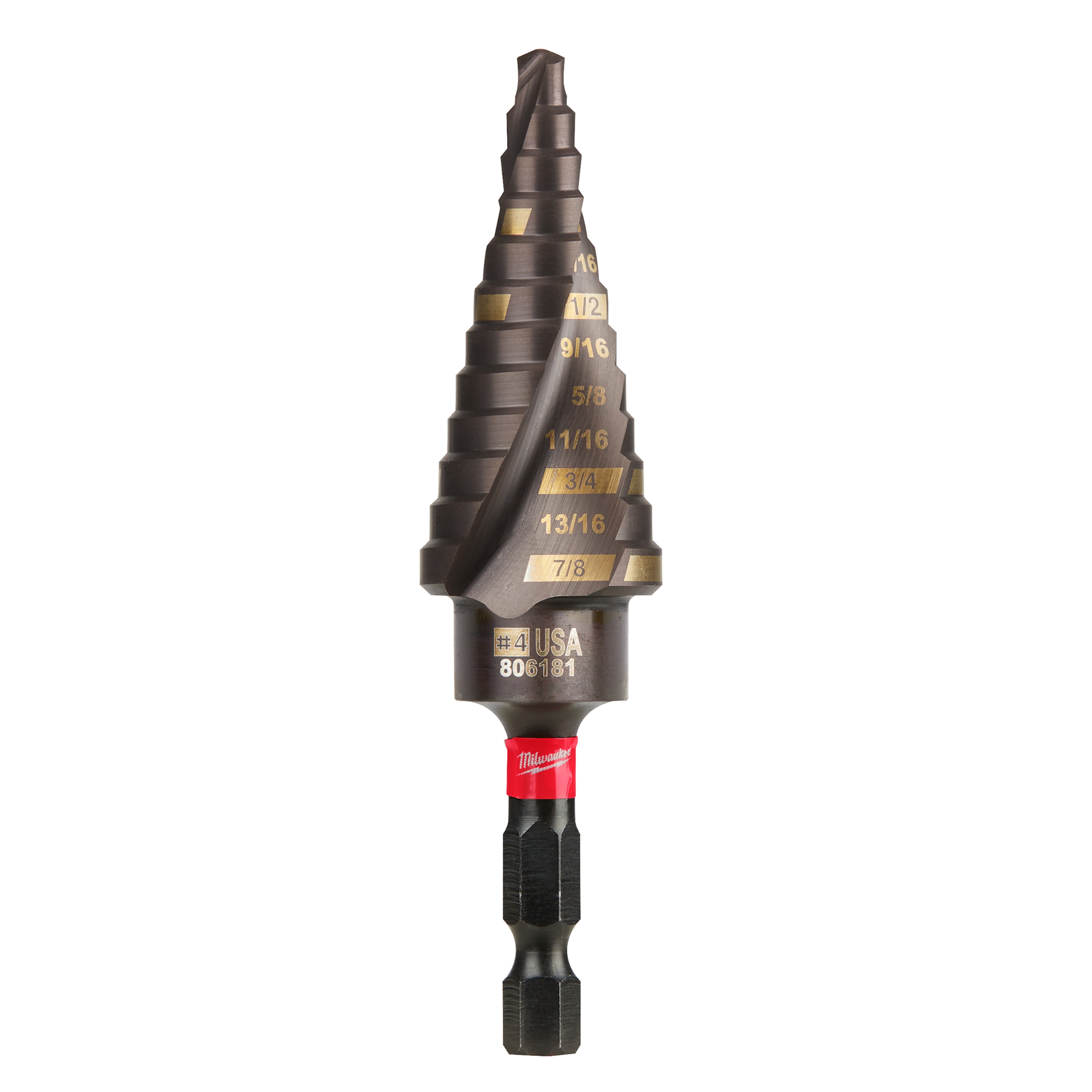 Milwaukee® SHOCKWAVE™ Impact Duty™ 48-89-9244 Impact Step Drill Bit, 3/16 in Dia Min Hole, 7/8 in Dia Max Hole, 12 Steps, Titanium, 12 Hole Sizes, 1/4 in Shank
