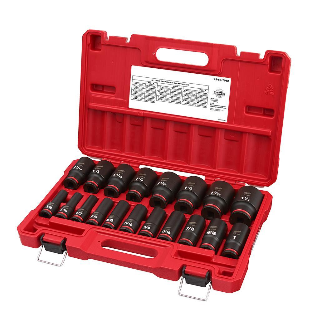 Milwaukee® SHOCKWAVE™ Impact Duty™ 49-66-7012 Deep Socket Set, ASME Specified, 6 Points, 1/2 in Drive, 19 Pieces, Hex, Case Container
