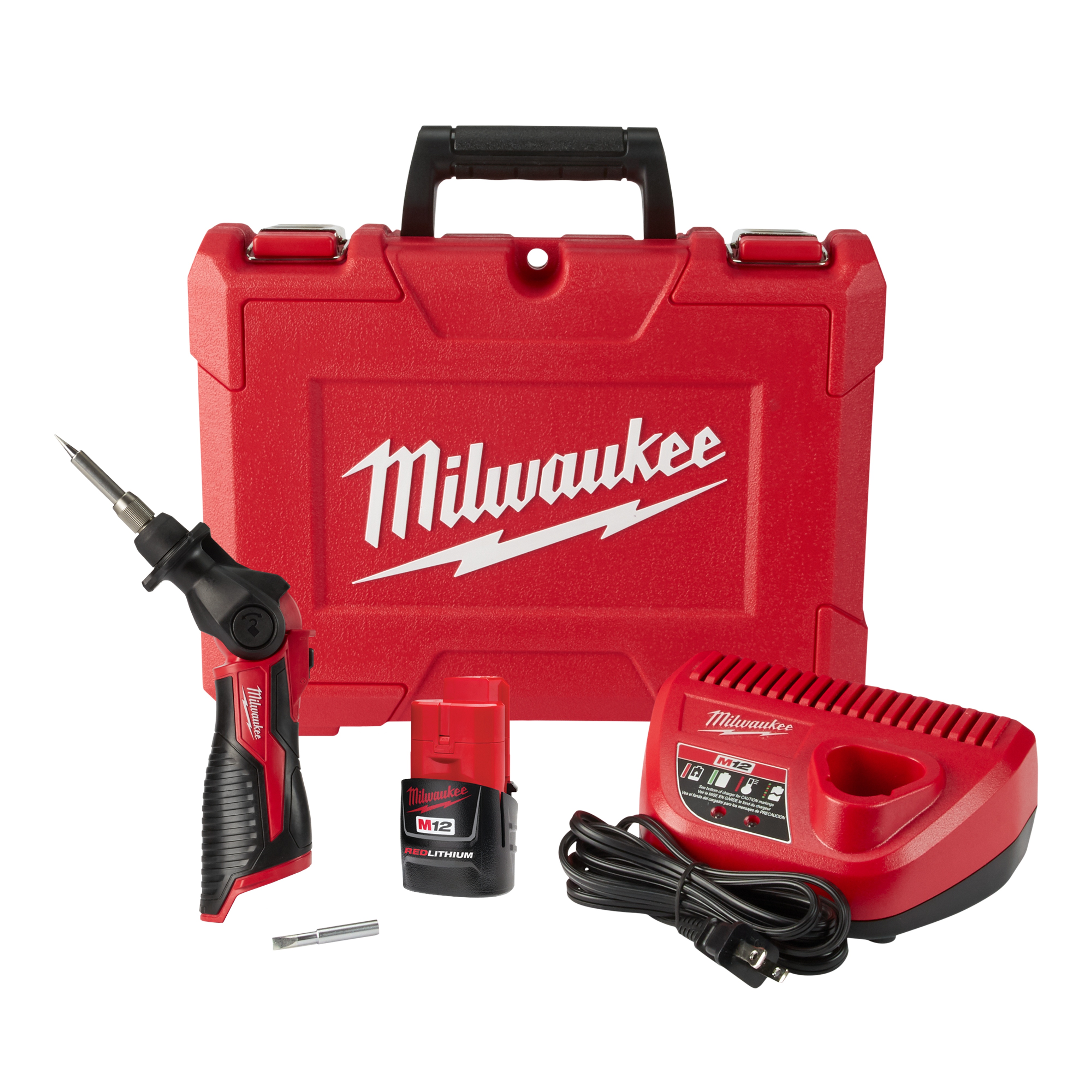 Milwaukee® M12™ 2488-21 Cordless Soldering Iron Kit, 90 W Heater, 750 deg Maximum Temperature, 10.06 in OAL, 0.02 in Dia x 1.55 in L Tip, Rubber Handle Grip, For Use With All M12 Batteries and Chargers