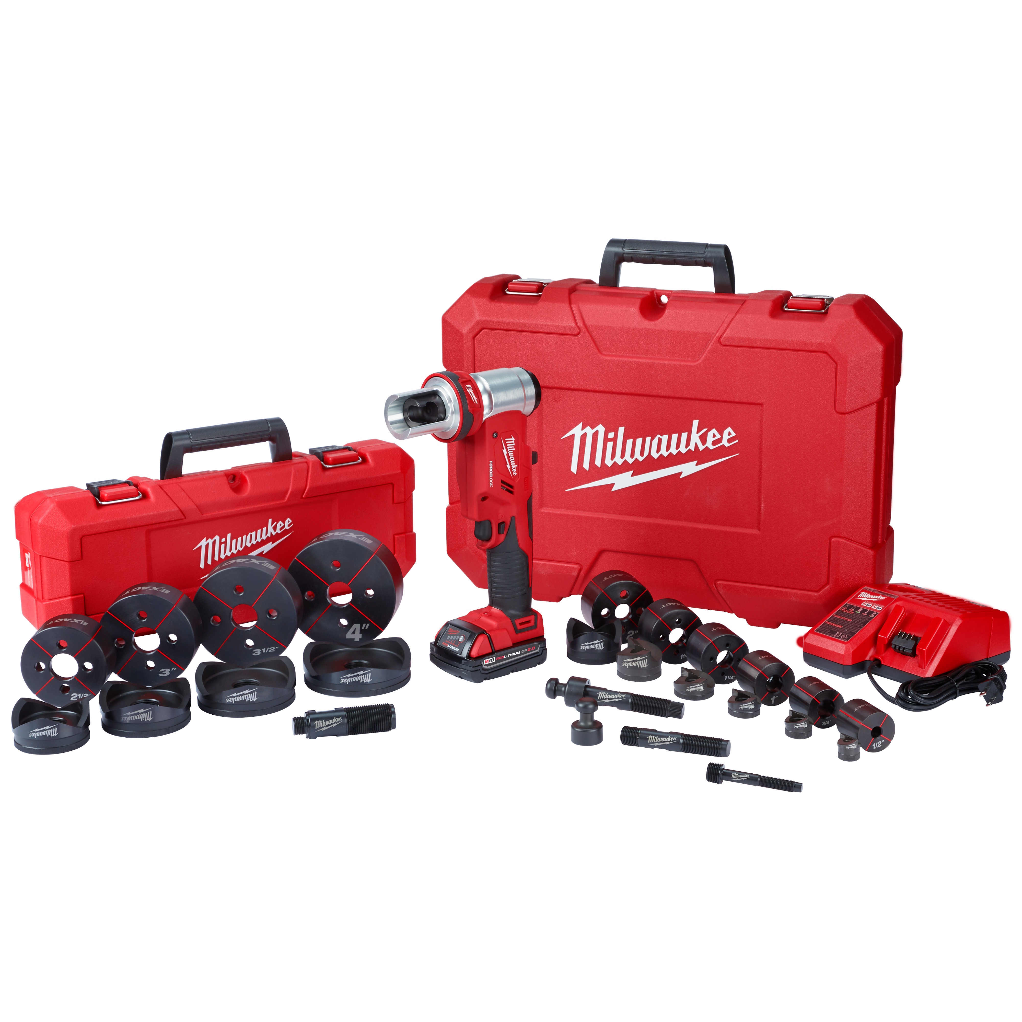 Milwaukee® M18™ FORCE LOGIC™ 2677-23 Knockout Tool Kit, 14 ga THK, 1/2 to 4 in Capacity Mild Steel, 18 V AC, For Use With M18™ Batteries, Mild Steel/Stainless Steel