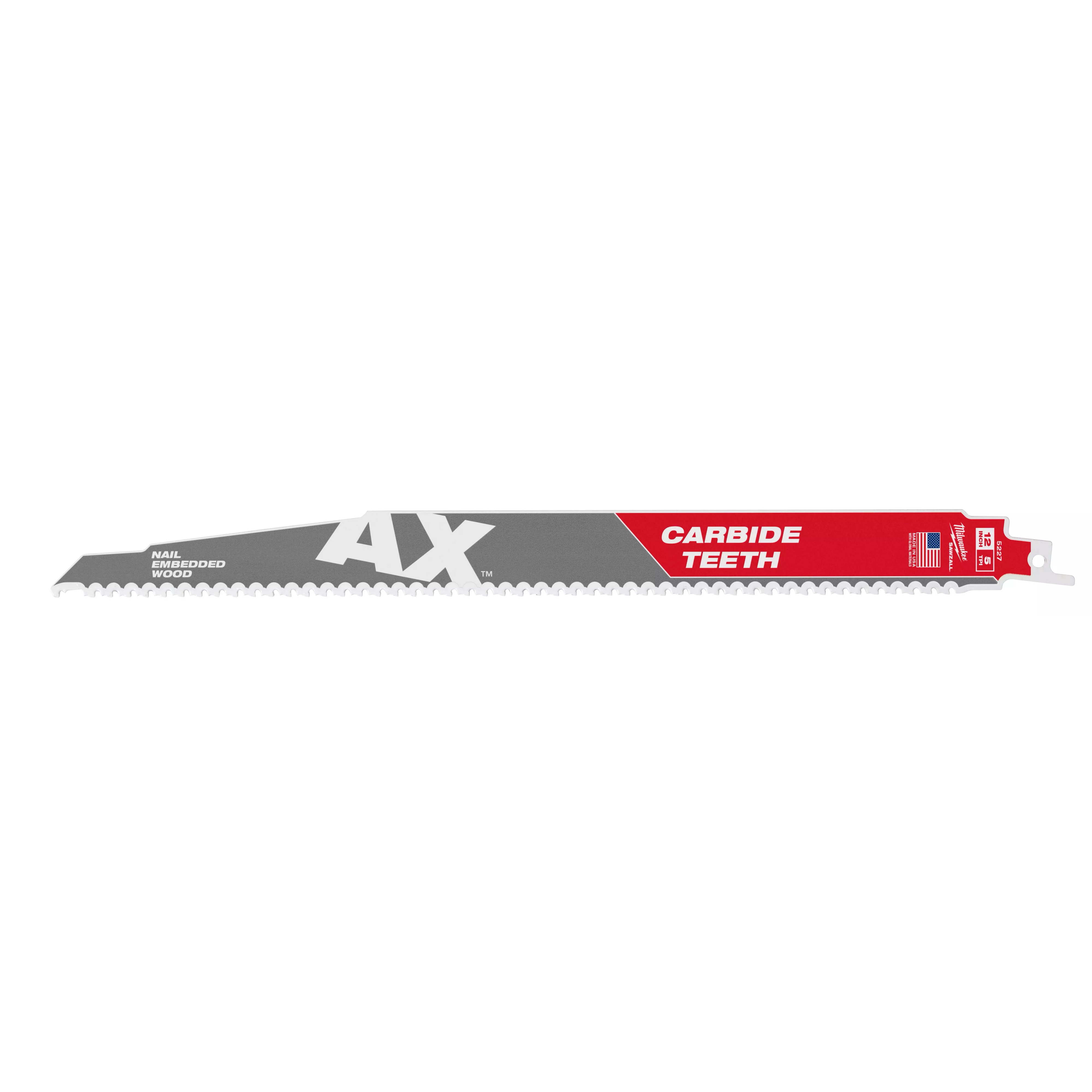 Milwaukee® SAWZALL® AX™ 48-00-5227 Tapered Back Reciprocating Saw Blade, 12 in L, 5 TPI, Carbide Body, Universal/Toothed Edge Tang