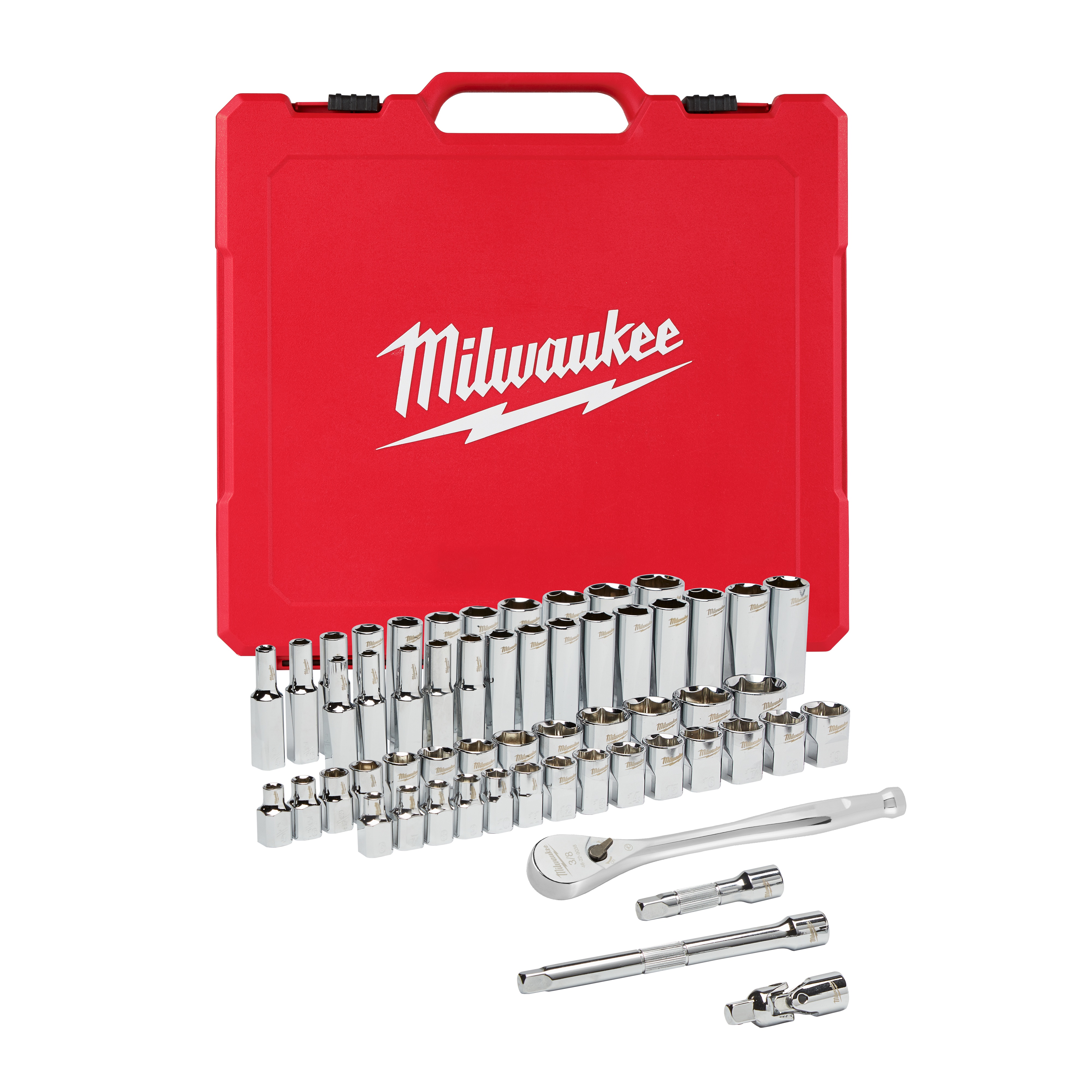 Milwaukee® 48-22-9008 Ratchet and Socket Set, Case Tool Storage, 4 deg Arc Swing, 3/8 in Drive, 56 Pieces, Steel