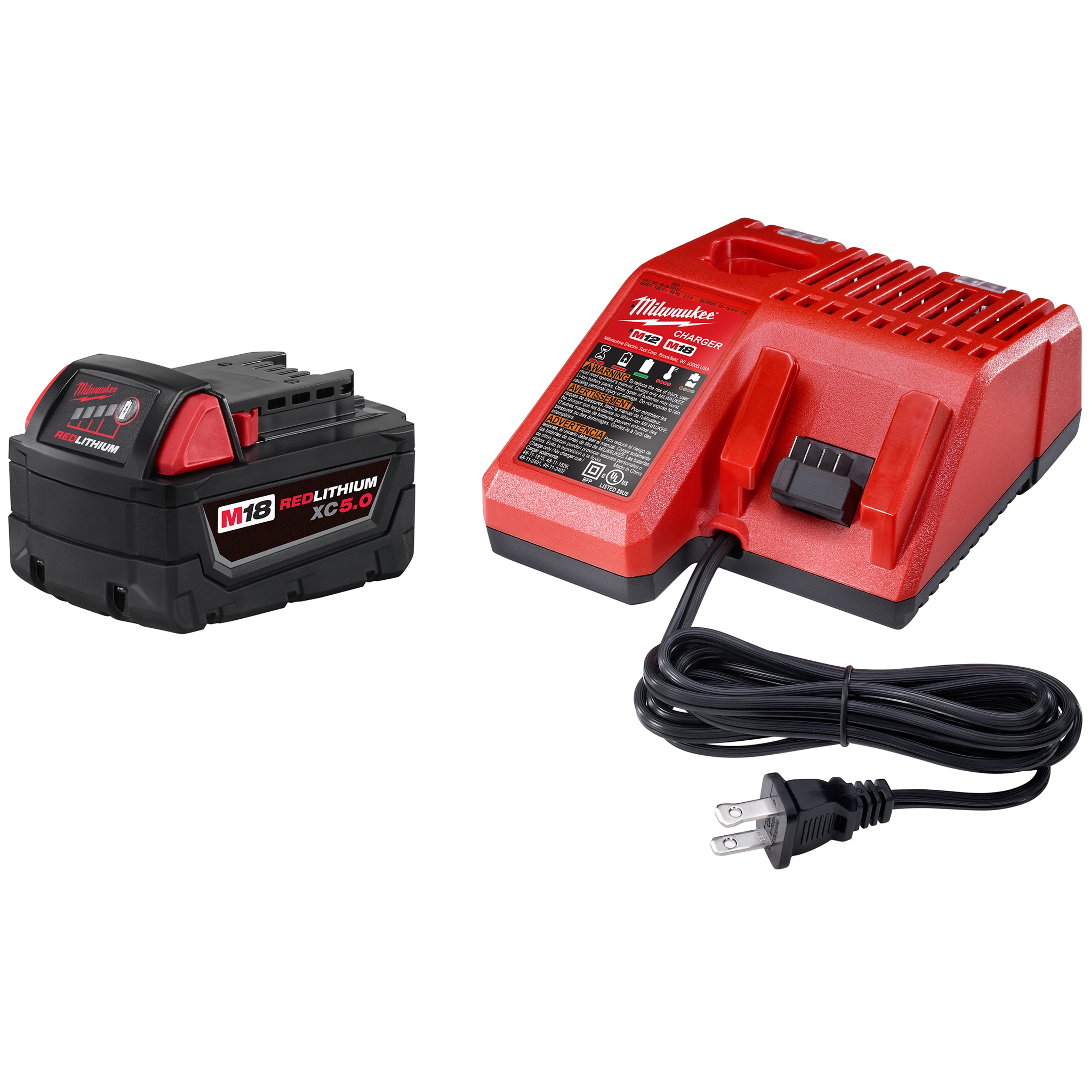 Milwaukee® M18™ 48-59-1850 Battery Starter Kit, 5 Ah, 18 V DC Charge, For Use With M18™ XC™ 5.0 Battery For Use with All Milwaukee® M18™ Tool, M18™ and M12™ Multi Voltage Charger For Use with All M18™ and M12™ Battery Pack