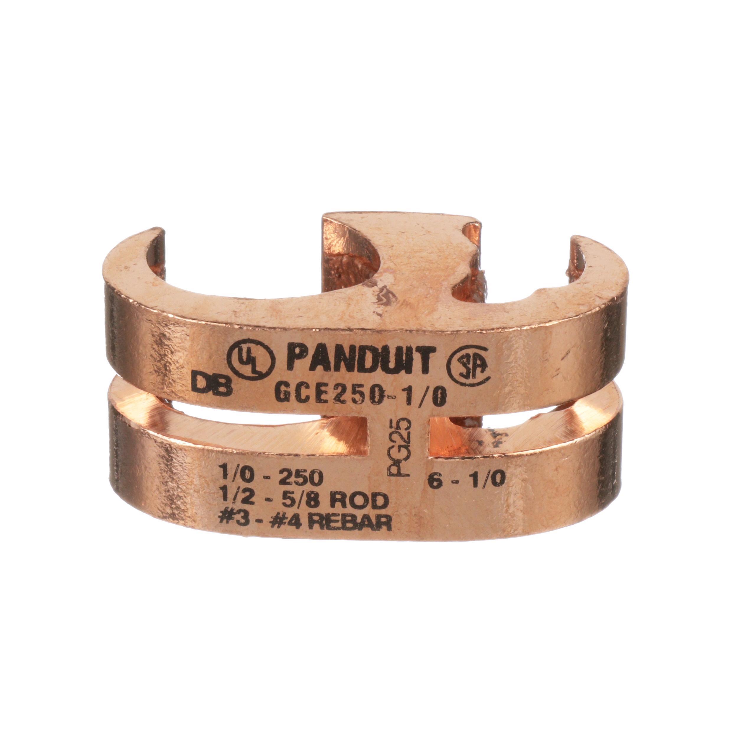 Panduit® GCE250-1/0-Q StructuredGround E-Tap Grounding Connectors, 6 AWG Min Run/Tap, 6 AWG Max Run/Tap, 1/2 to 5/8 in Rod, High Conductivity Copper