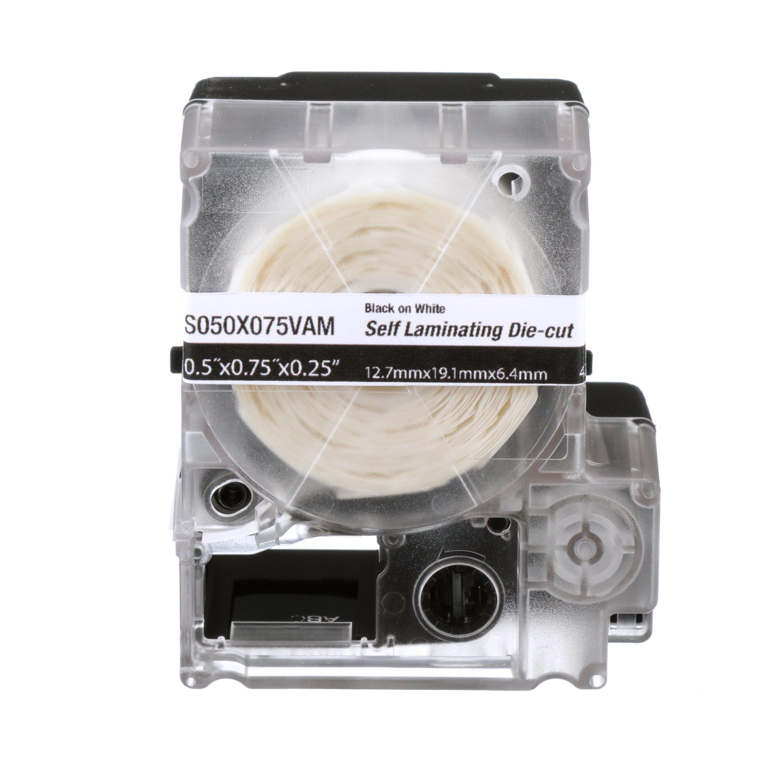 Panduit® S050X075VAM Self-Laminating Label Cassette, 2.95 in L x 2.53 in W, For Use With MP100 and MP300 Mobile Printers, Vinyl, Clear/White