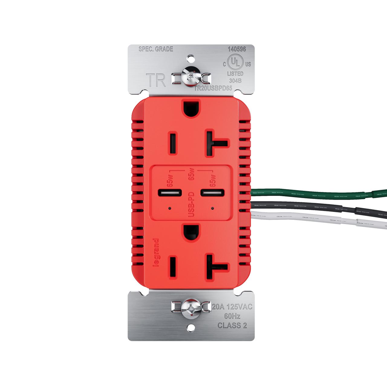 Pass & Seymour® TR20USBPD65RED Receptacles & USB Ports